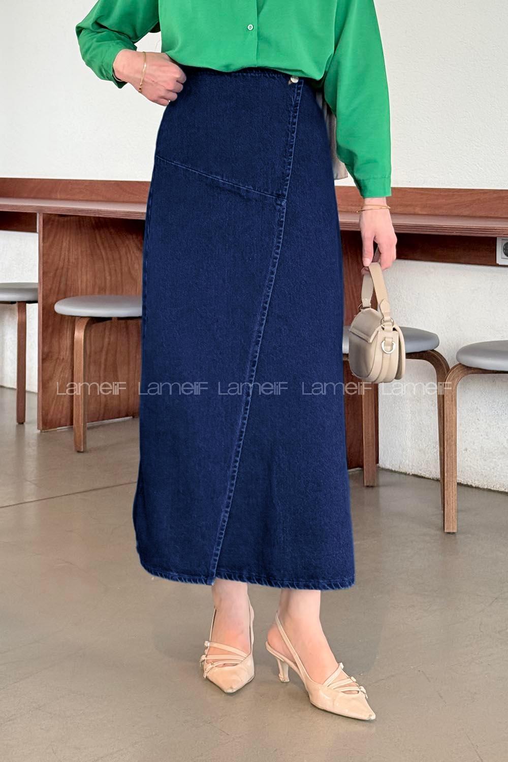 Lamelif Kruvaze Kapama Tesettür Kot Etek Koyu Mavi