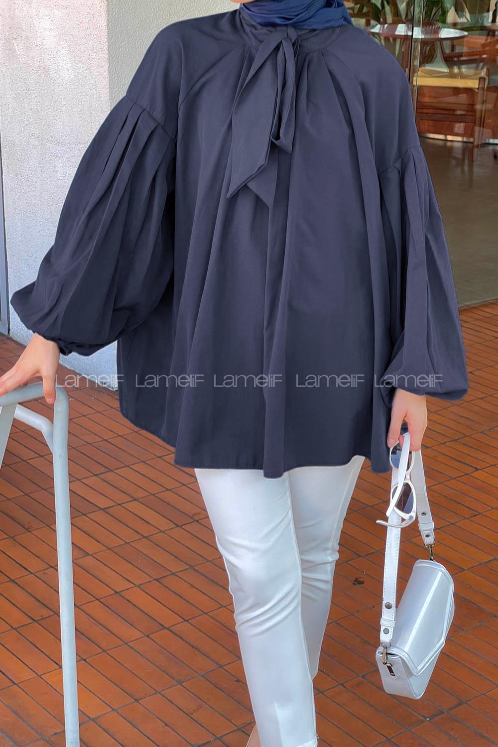 Lamelif Yaka Fular Detaylı Gömlek Koyu Lacivert