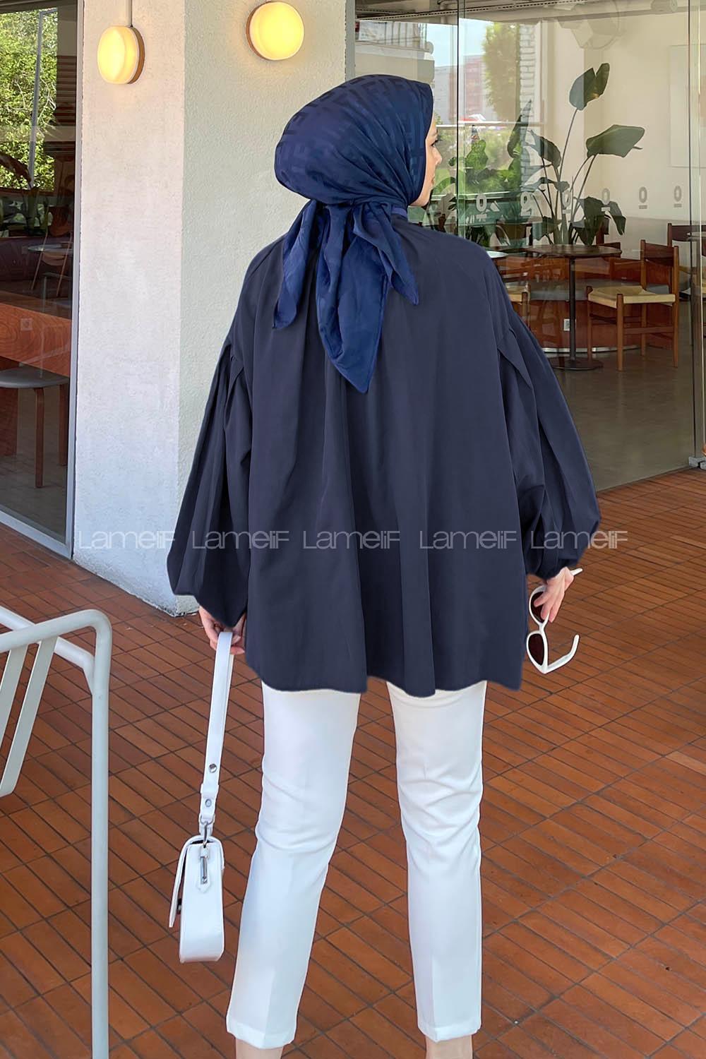 Lamelif Yaka Fular Detaylı Gömlek Koyu Lacivert