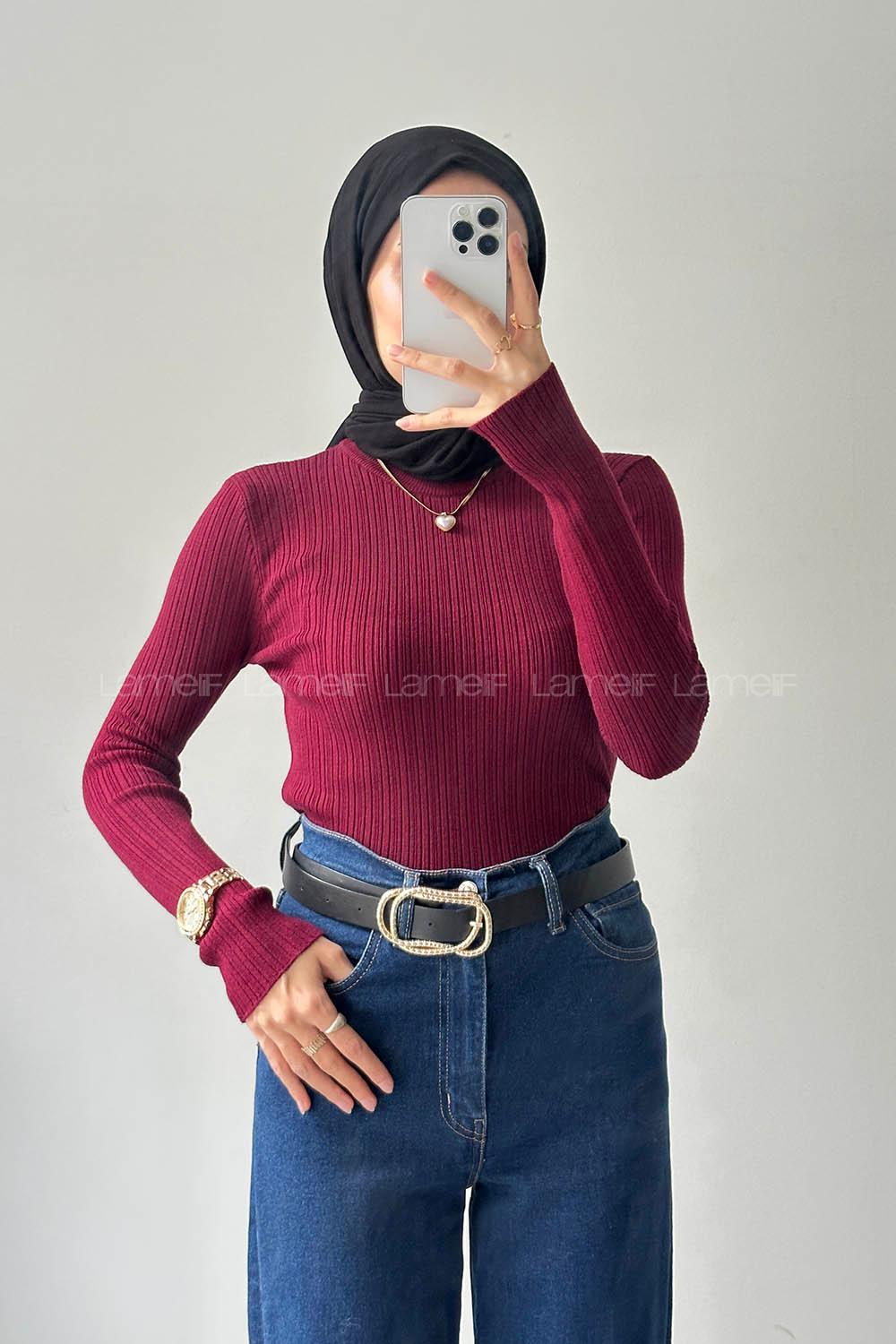 Lamelif Bisiklet Yaka Fittilli Triko Body Bordo