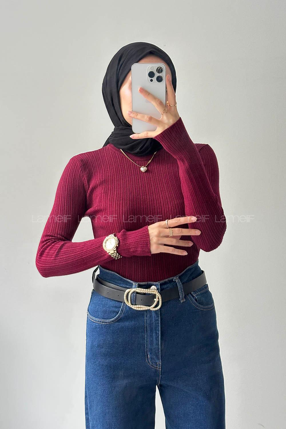 Lamelif Bisiklet Yaka Fittilli Triko Body Bordo