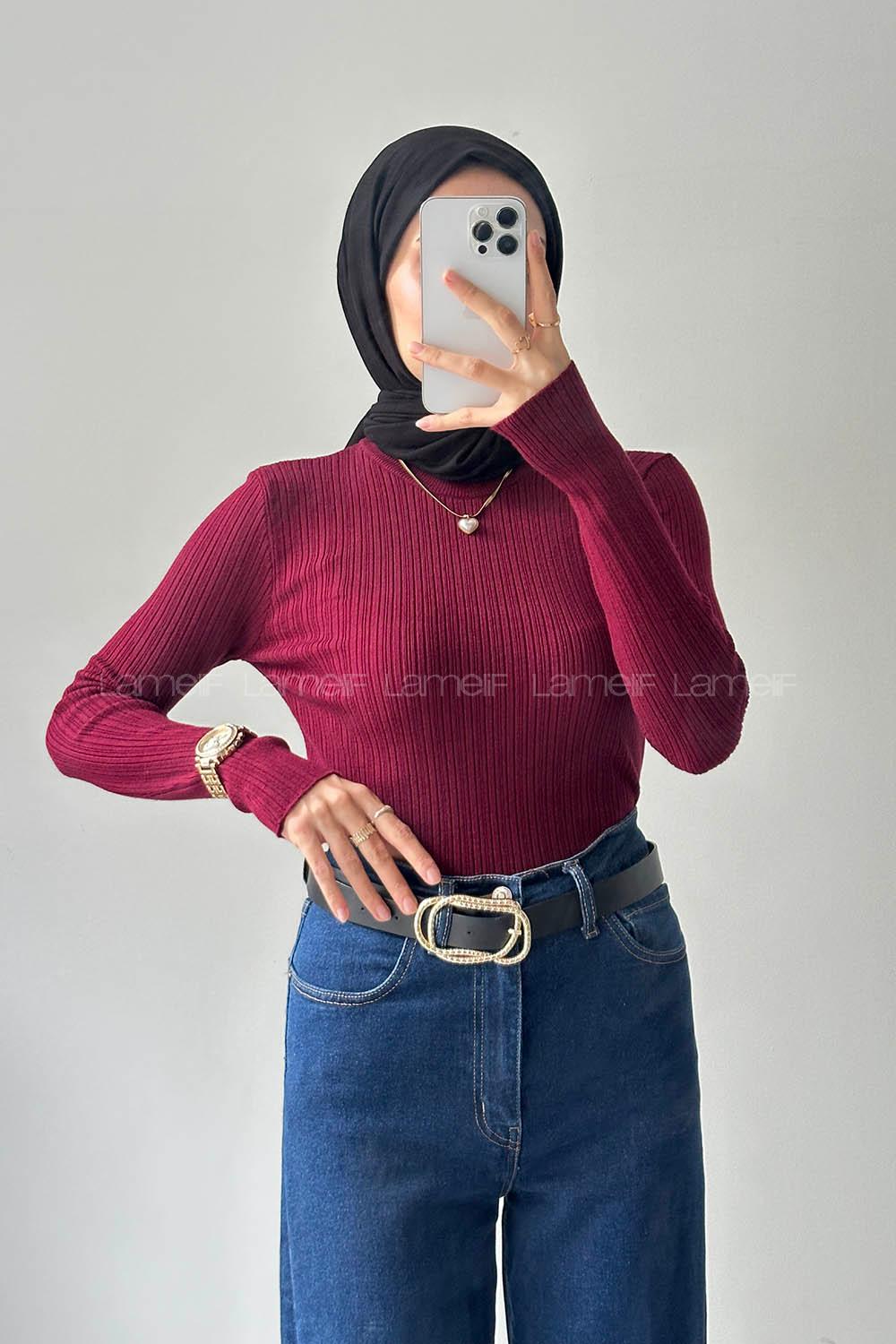 Lamelif Bisiklet Yaka Fittilli Triko Body Bordo