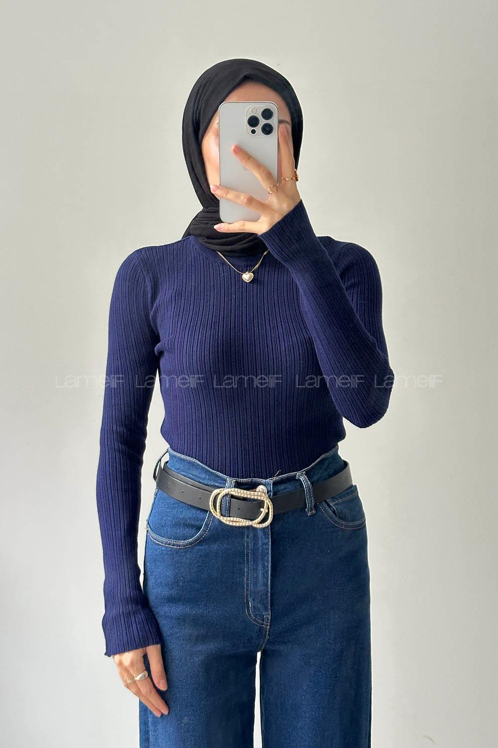 Lamelif Bisiklet Yaka Fittilli Triko Body Lacivert