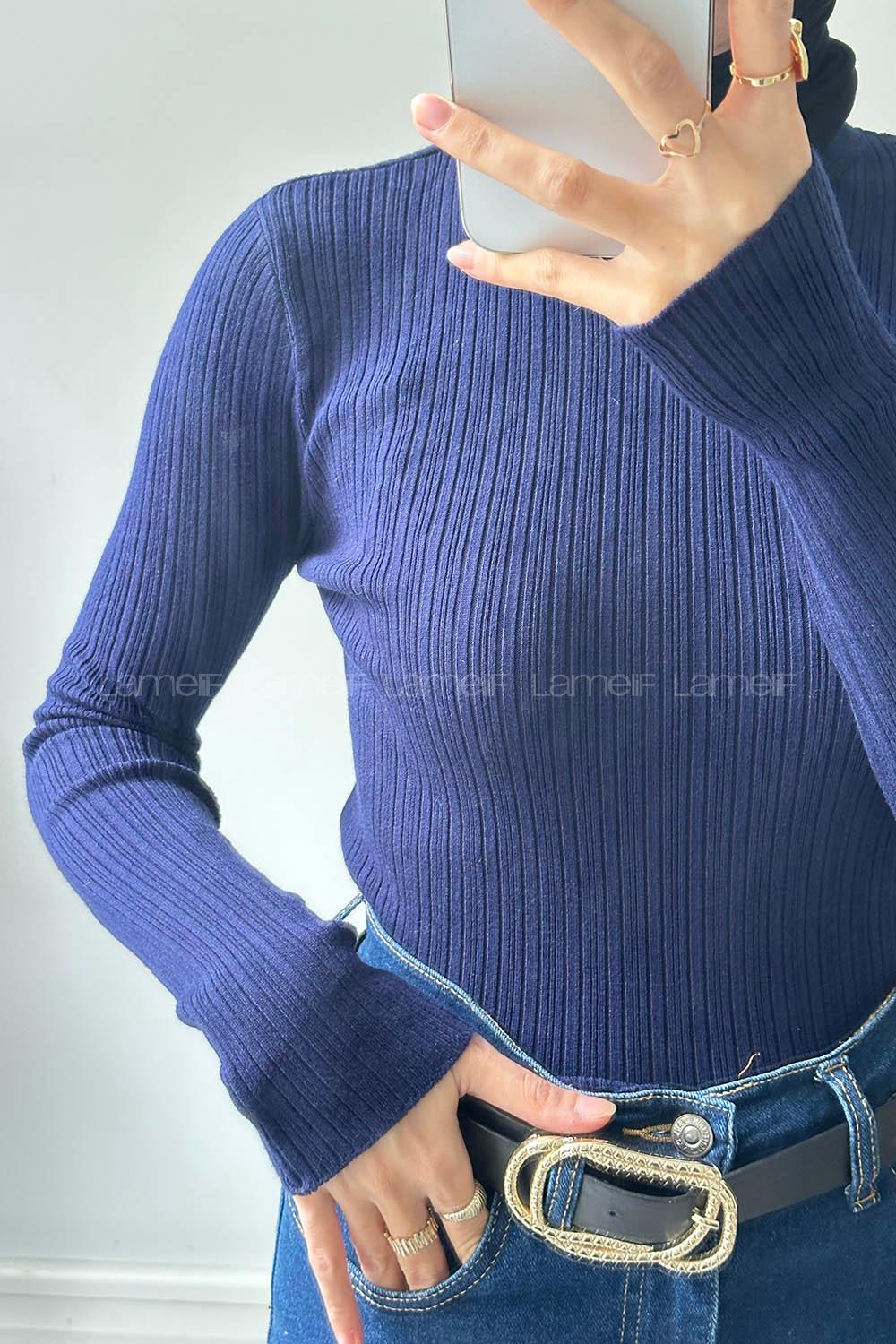 Lamelif Bisiklet Yaka Fittilli Triko Body Lacivert