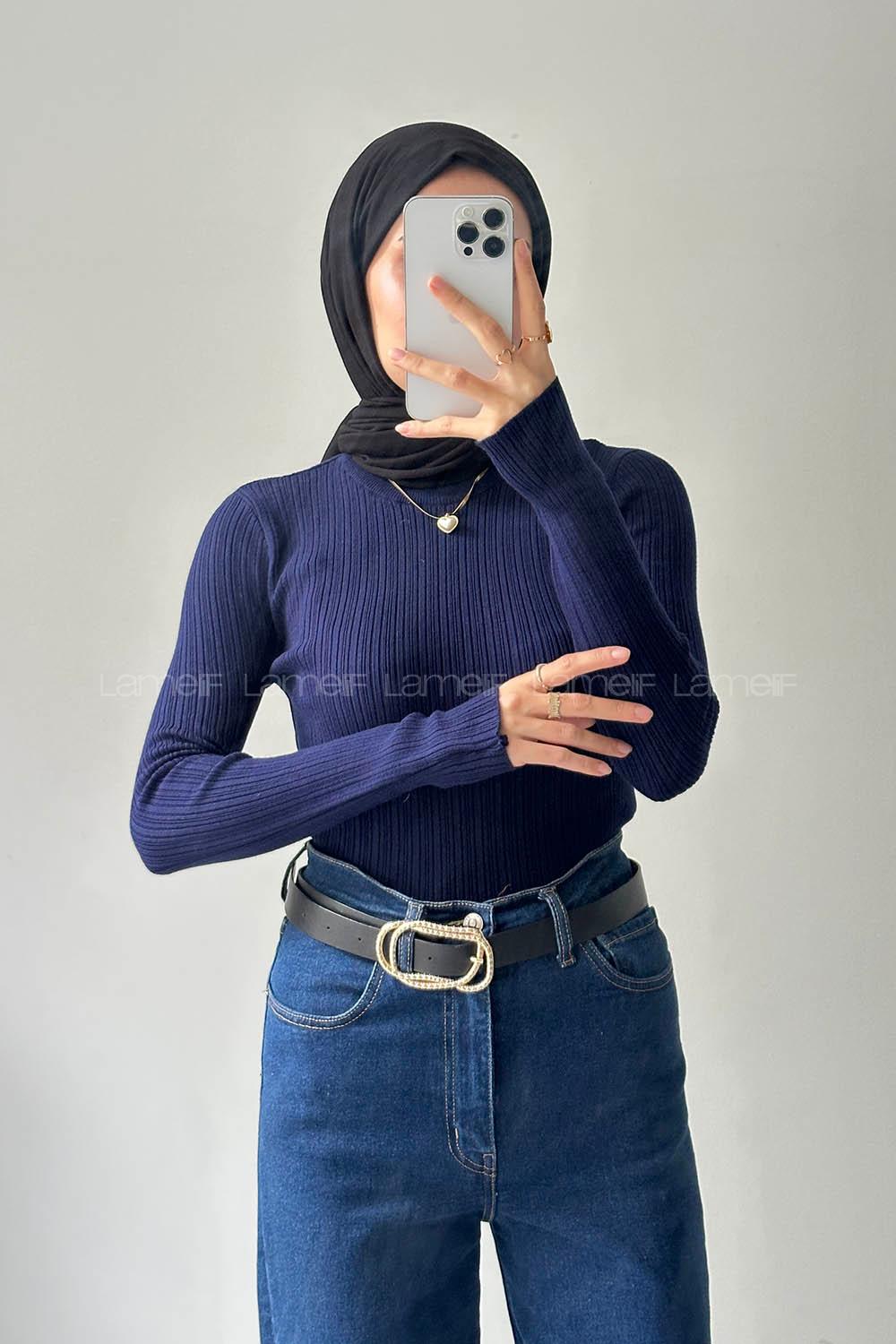 Lamelif Bisiklet Yaka Fittilli Triko Body Lacivert