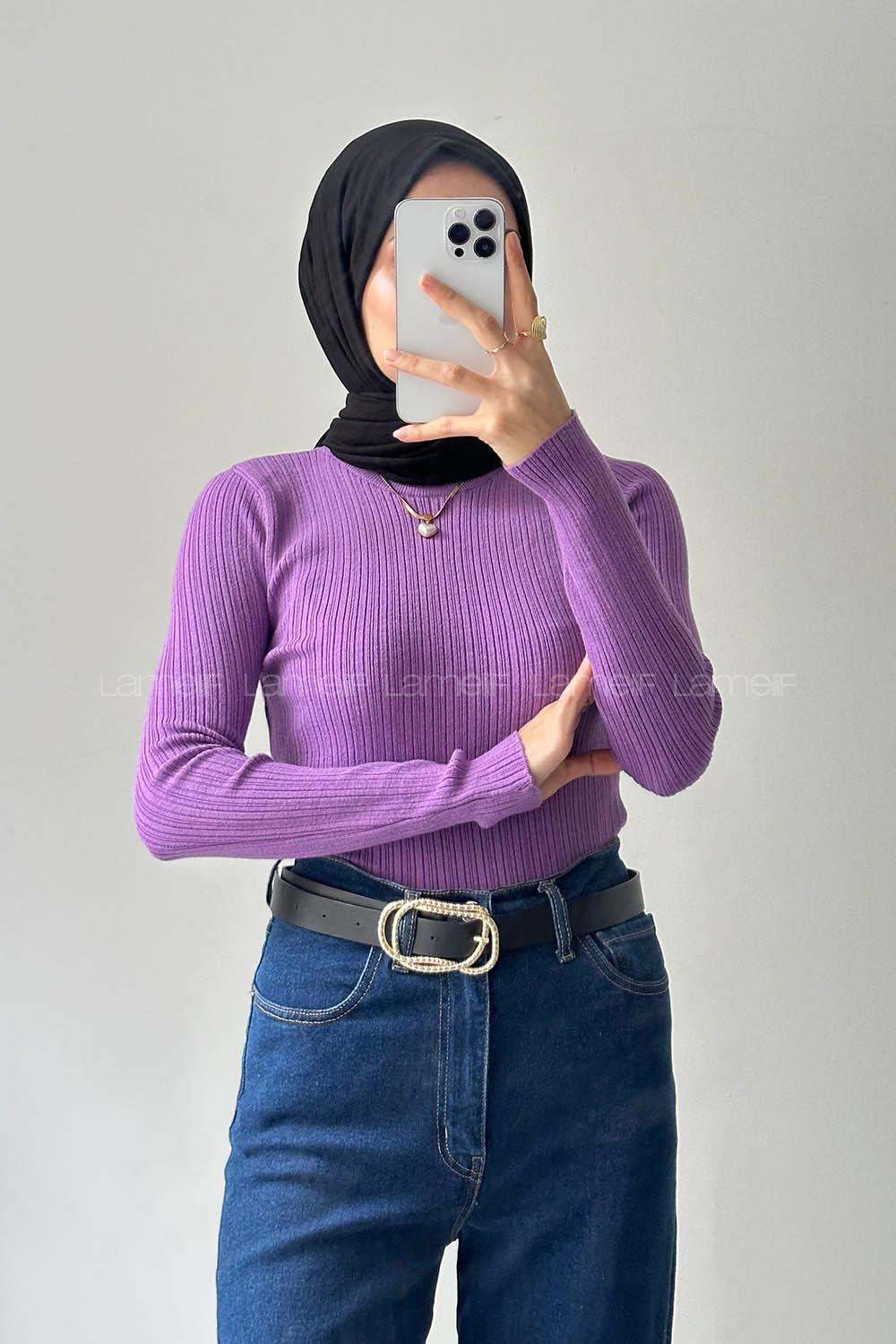 Lamelif Bisiklet Yaka Fittilli Triko Body Lila