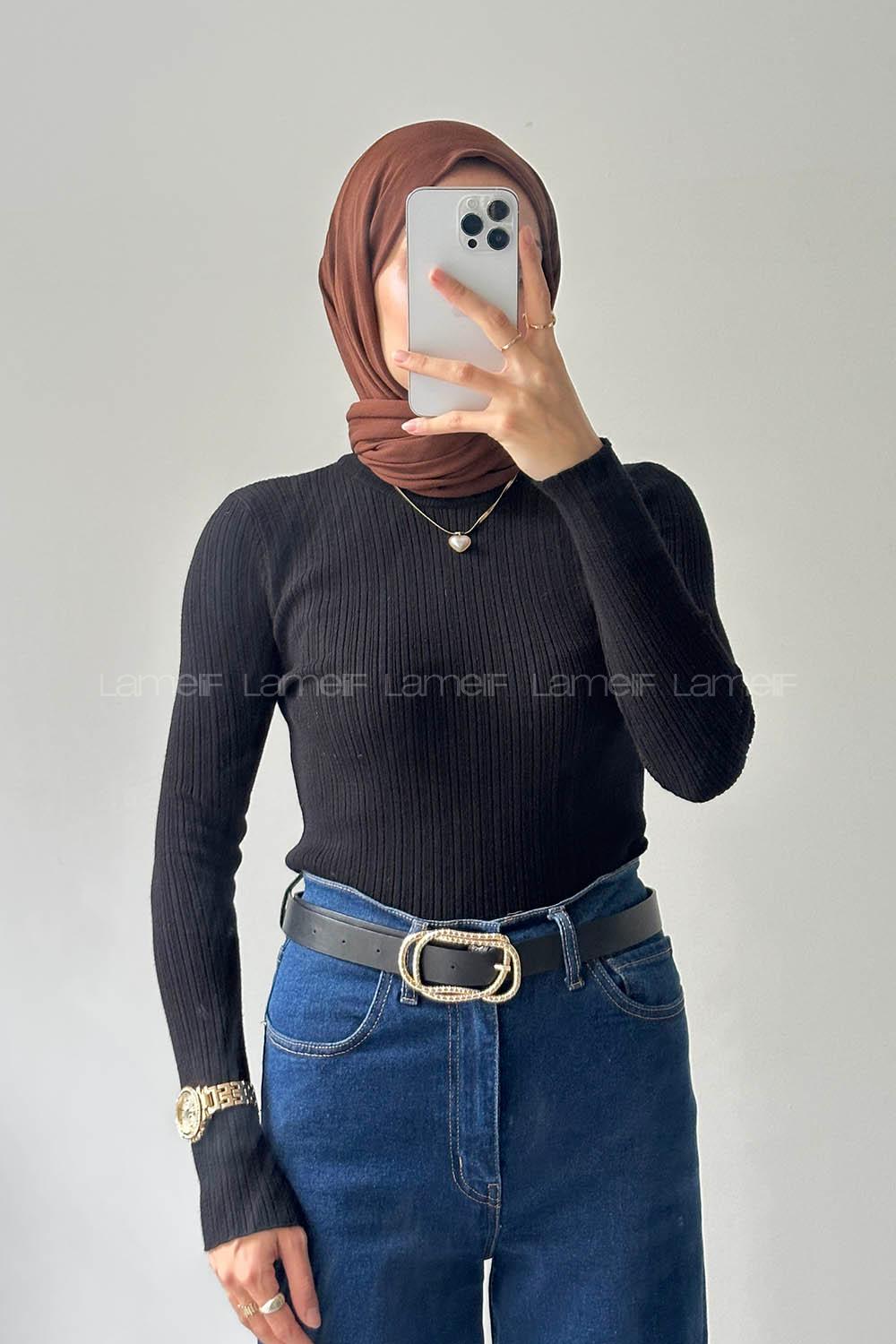 Lamelif Bisiklet Yaka Fittilli Triko Body Siyah