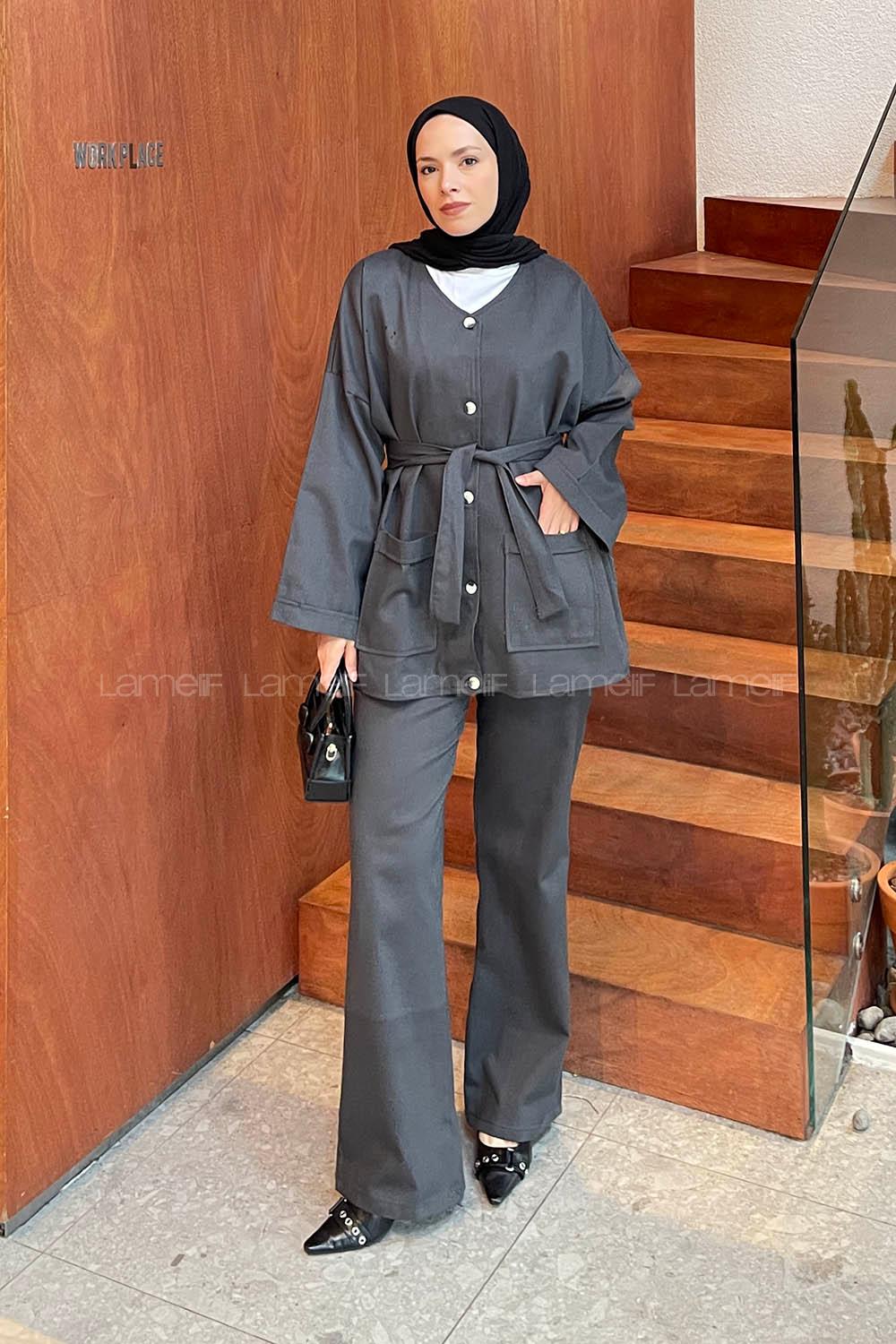 Anthracite V Neck Long Arm Gabardin Regular Trousers Linen Suit