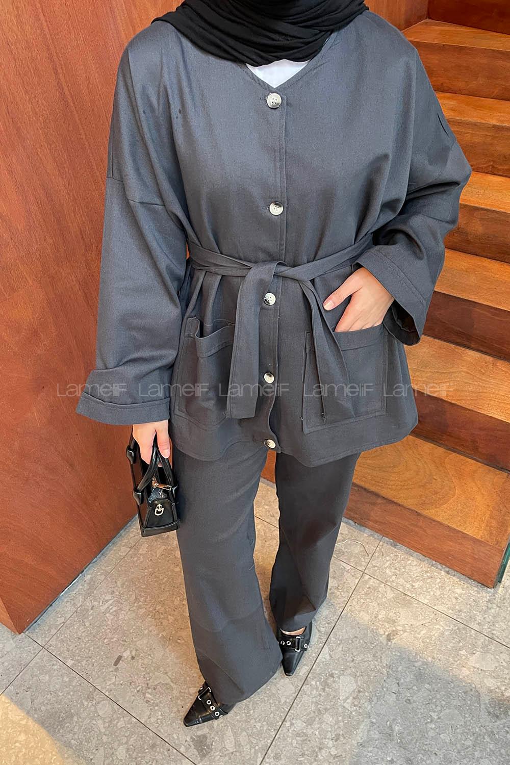 Anthracite V Neck Long Arm Gabardin Regular Trousers Linen Suit