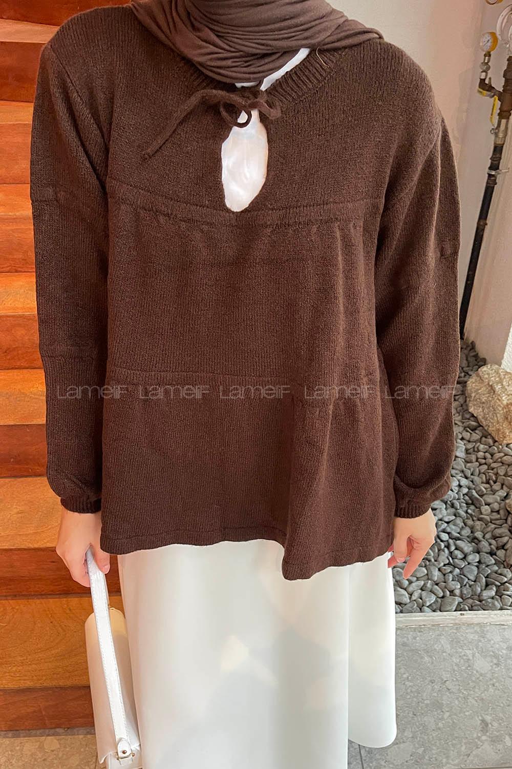 Lamelif Yakası Bağcıklı Triko Kazak Acı Kahve