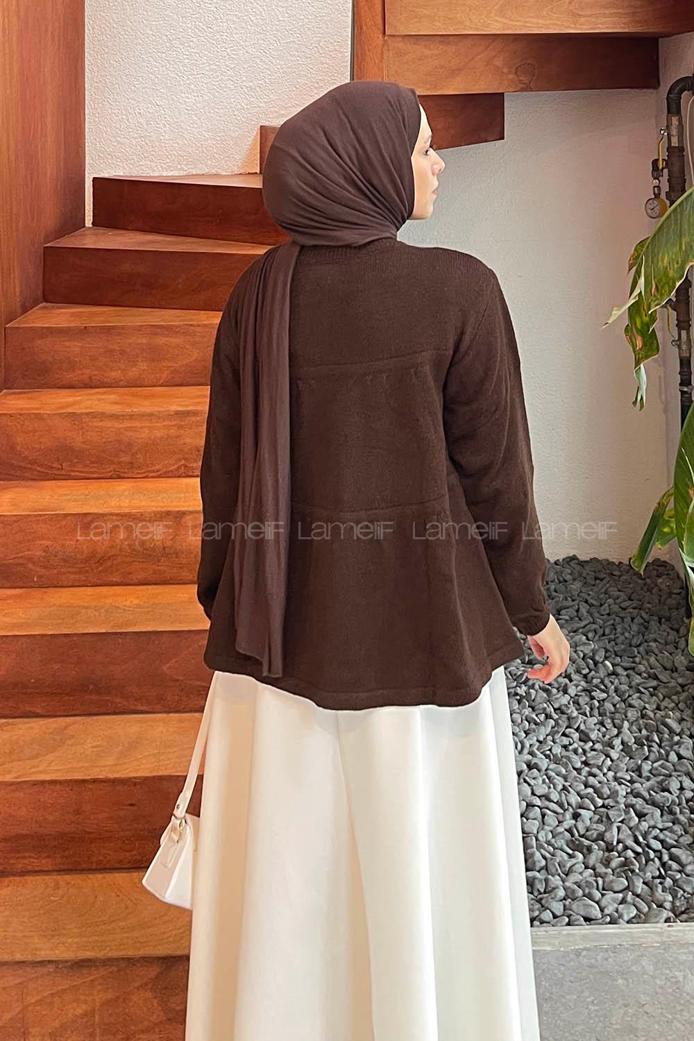 Lamelif Yakası Bağcıklı Triko Kazak Acı Kahve