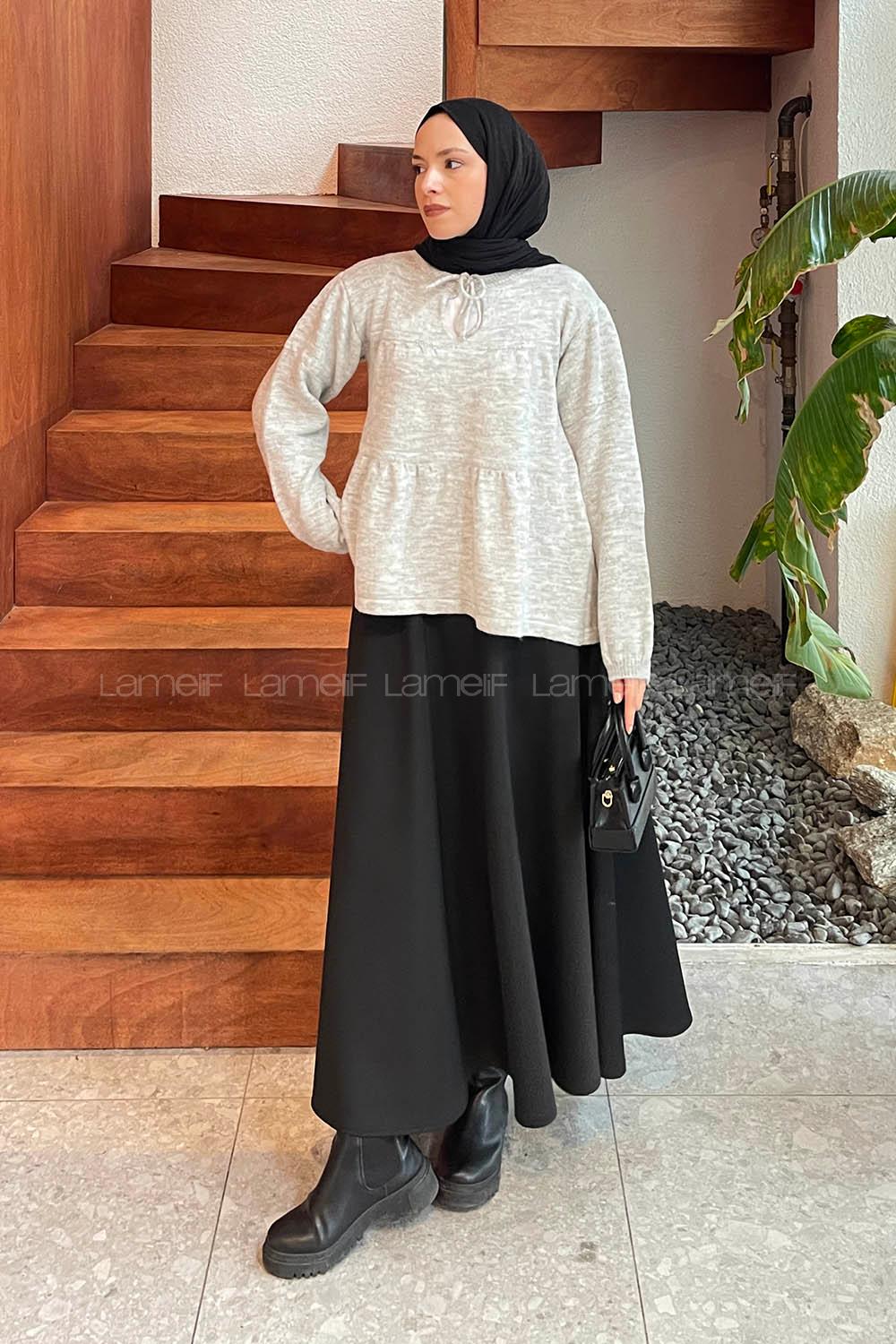 Lamelif Yakası Bağcıklı Triko Kazak Gri