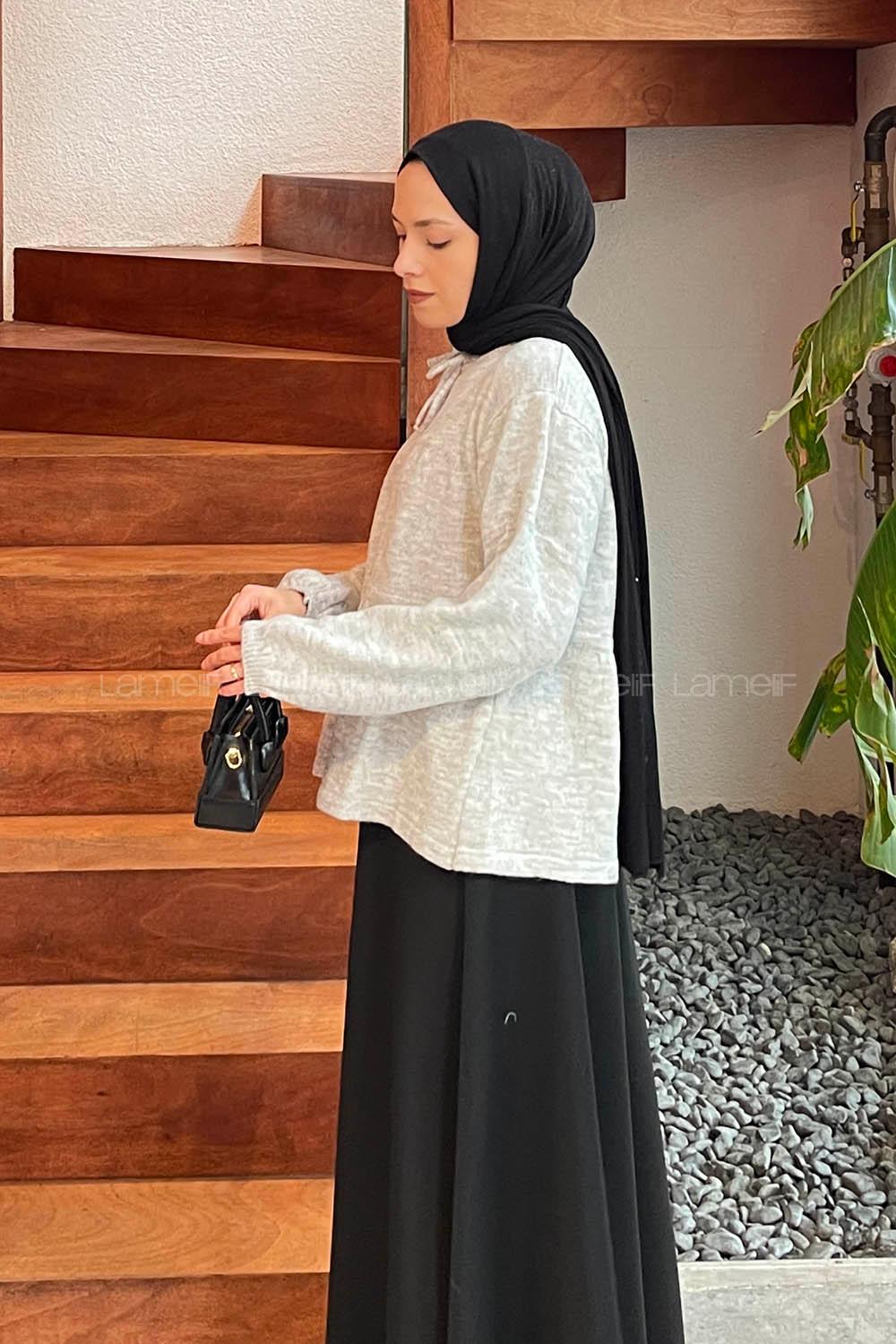 Lamelif Yakası Bağcıklı Triko Kazak Gri