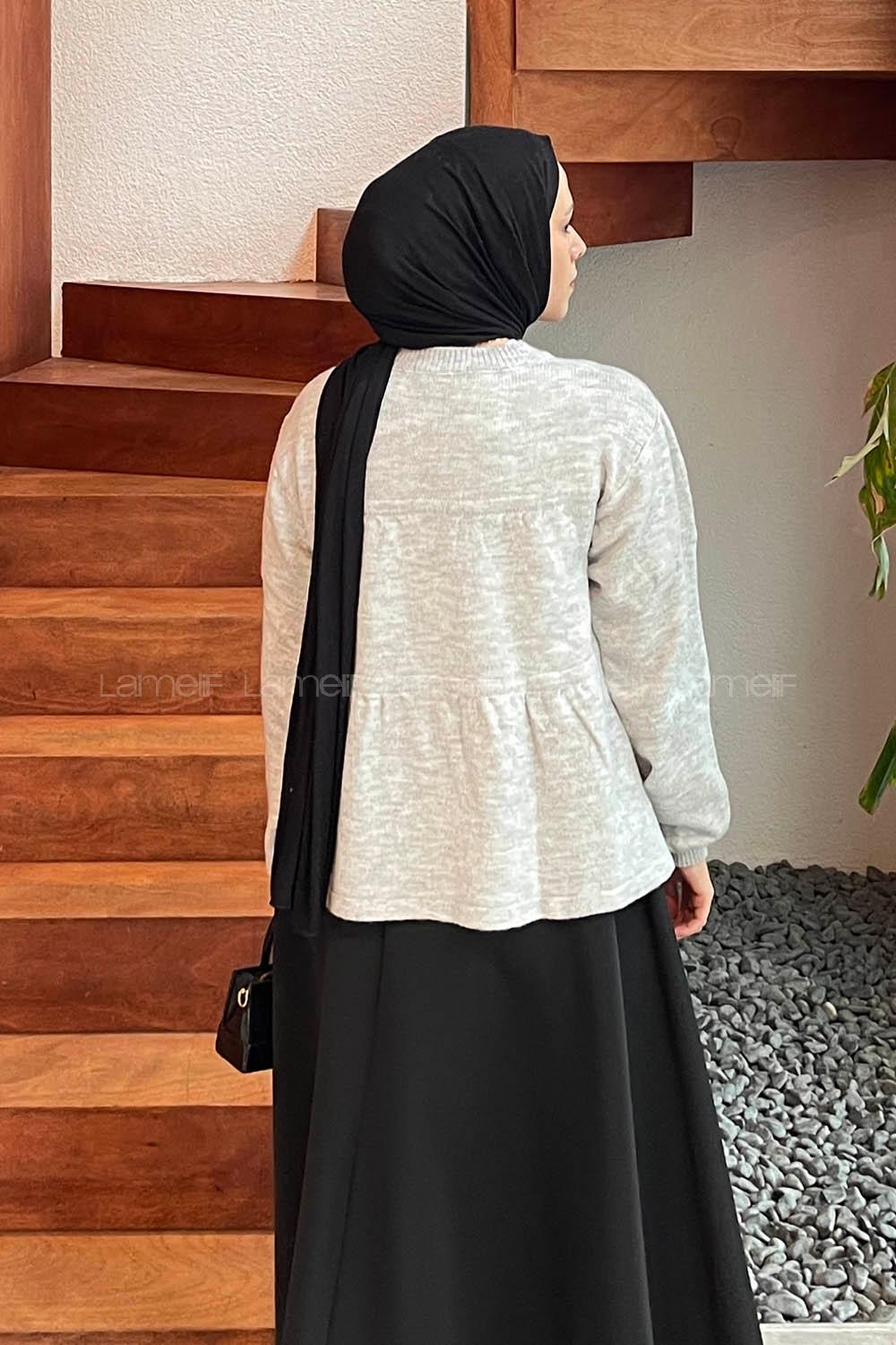 Lamelif Yakası Bağcıklı Triko Kazak Gri