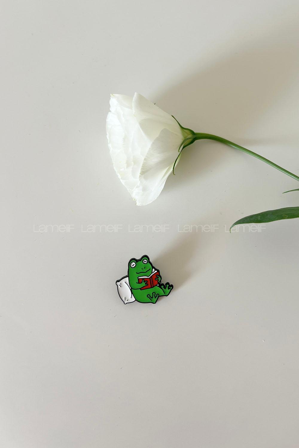 Modalamelif Kitap Okuyan Kurbağa Demir Broş