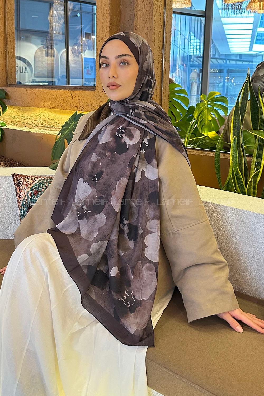 Bitter Brown Cotton Fabric Flowering Shawl