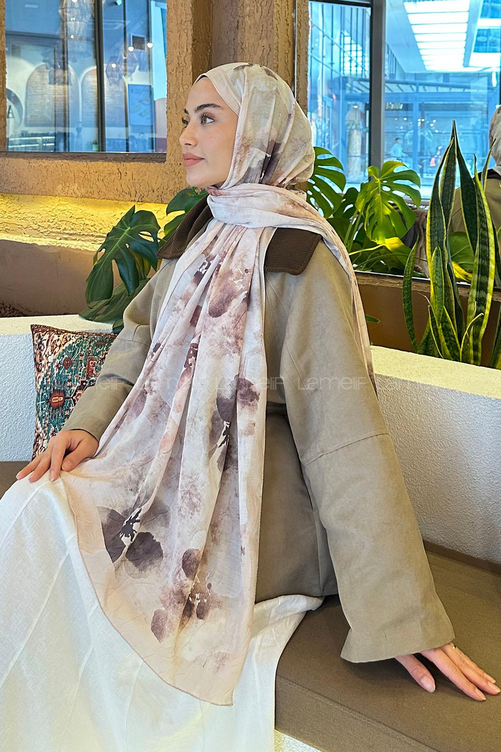 Lamelif Batik Çiçek Desen Bambu Şal Bej