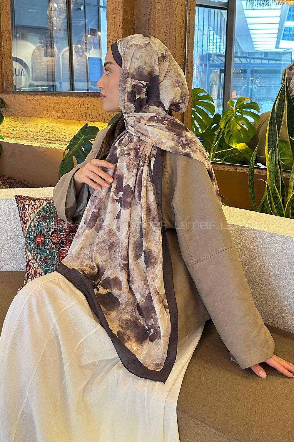 Lamelif Batik Çiçek Desen Bambu Şal Ekru