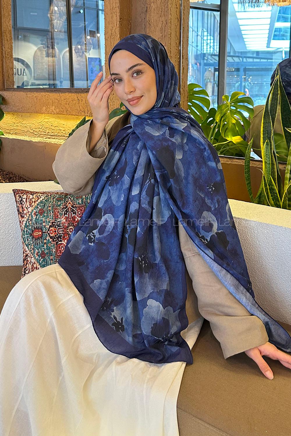 Midnight Blue Cotton Fabric Flowering Shawl