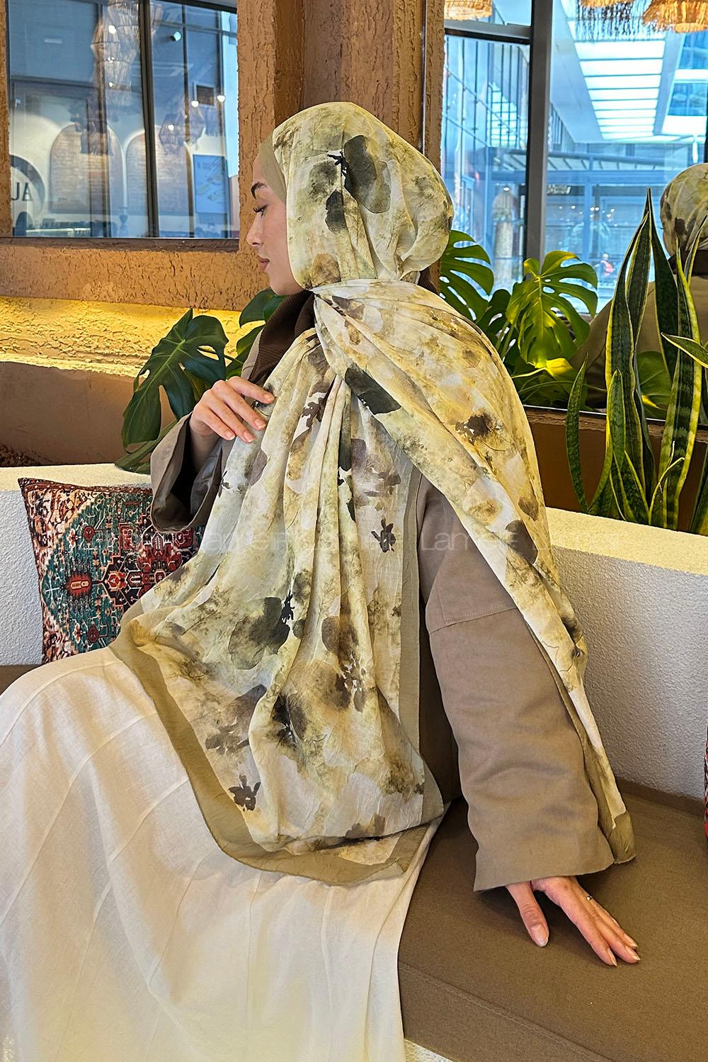 Lamelif Batik Çiçek Desen Bambu Şal Mint Yeşili