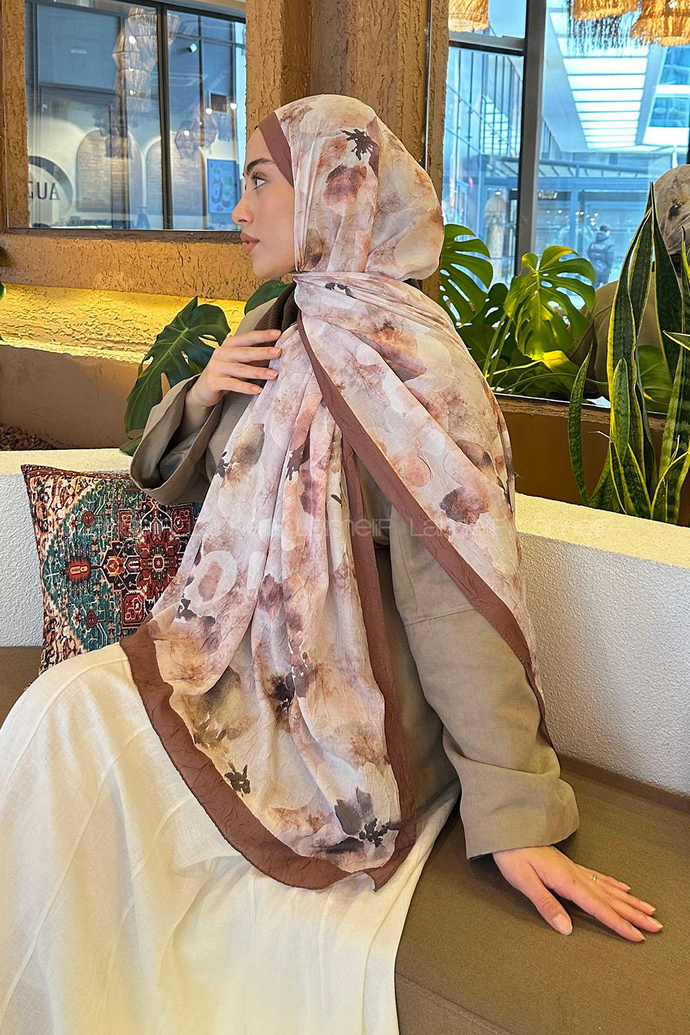 Brown With Milk Cotton Fabric Flowering Shawl