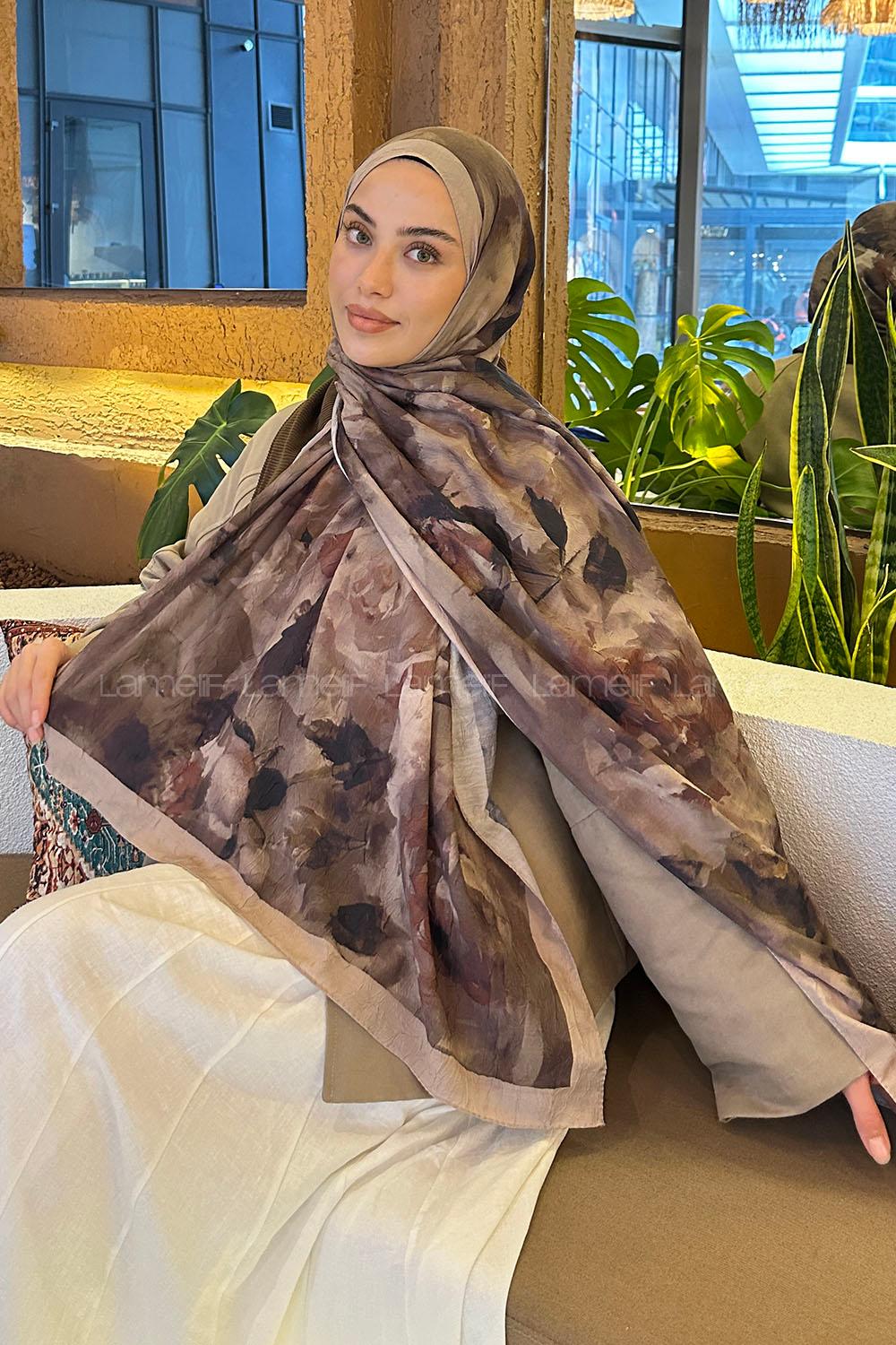 Lamelif Gül Desen Bambu Şal Asker Yeşili