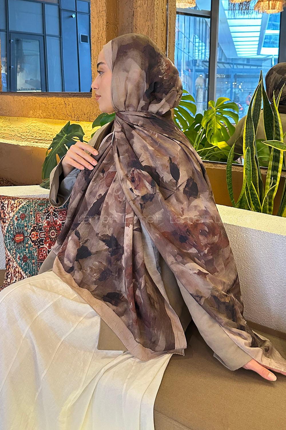 Lamelif Gül Desen Bambu Şal Asker Yeşili