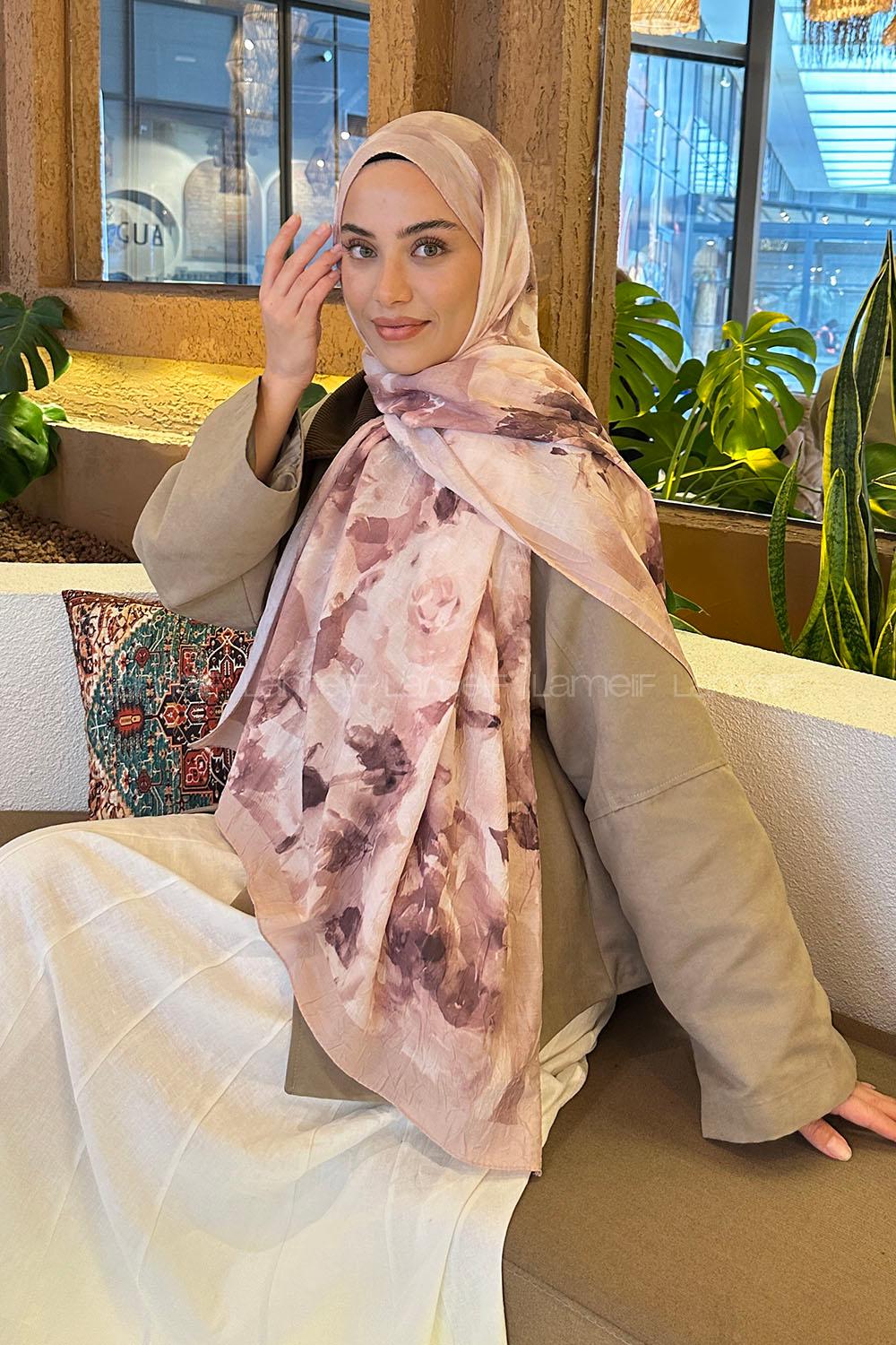 Lamelif Gül Desen Bambu Şal Bej