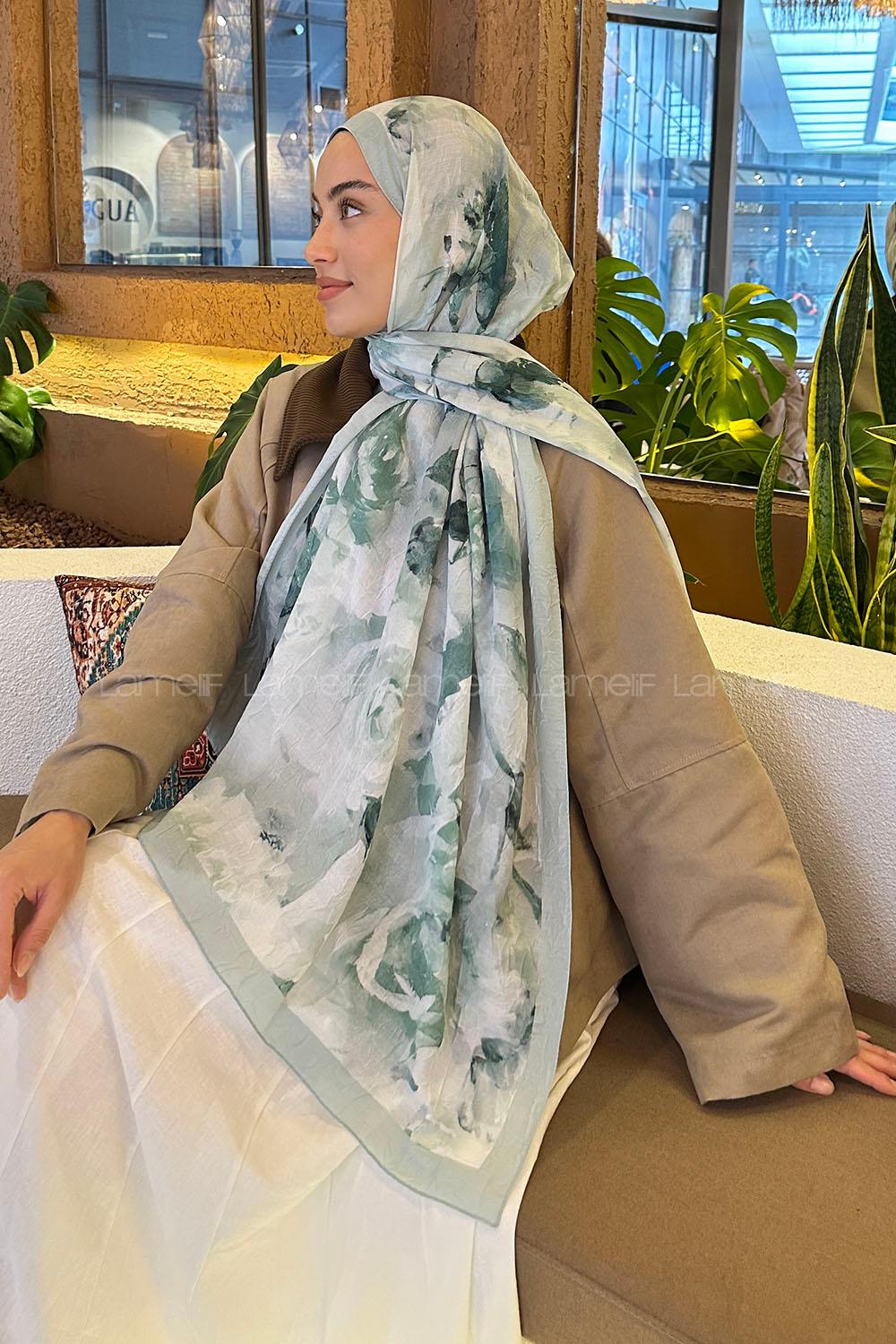 Plum Green Cotton Fabric Flowering Shawl