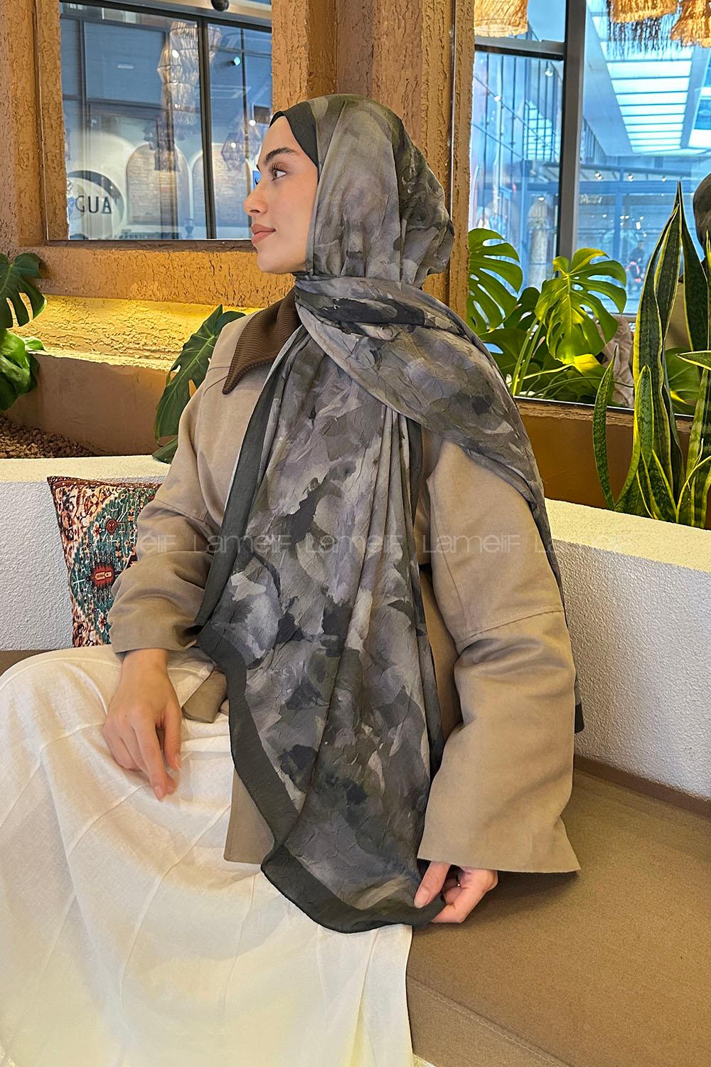 Khaki Cotton Fabric Flowering Shawl