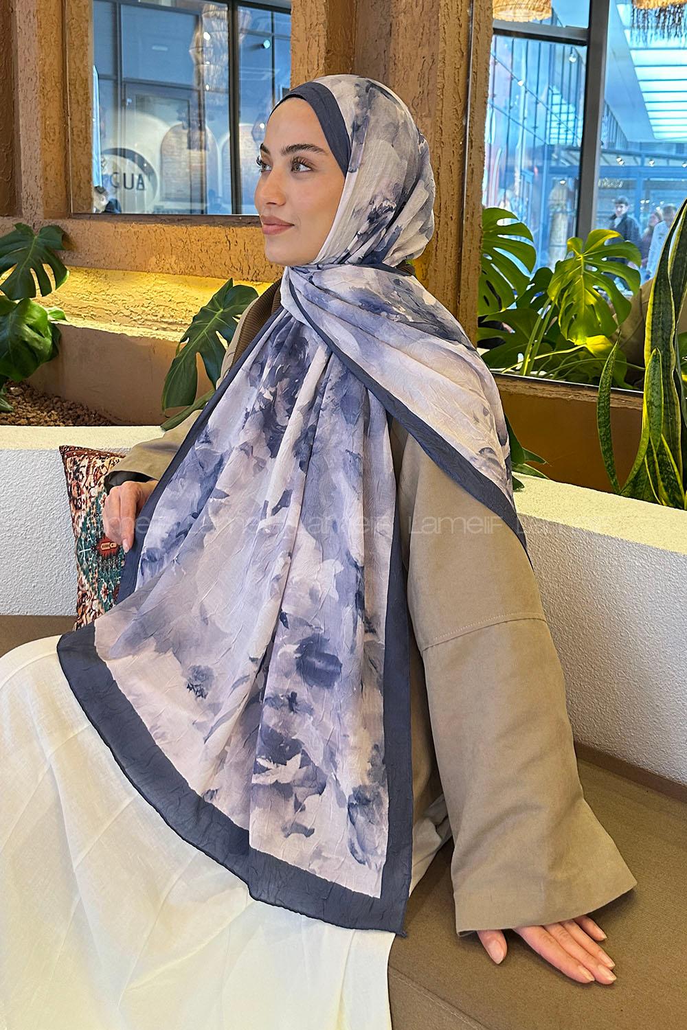 Lamelif Gül Desen Bambu Şal İndigo