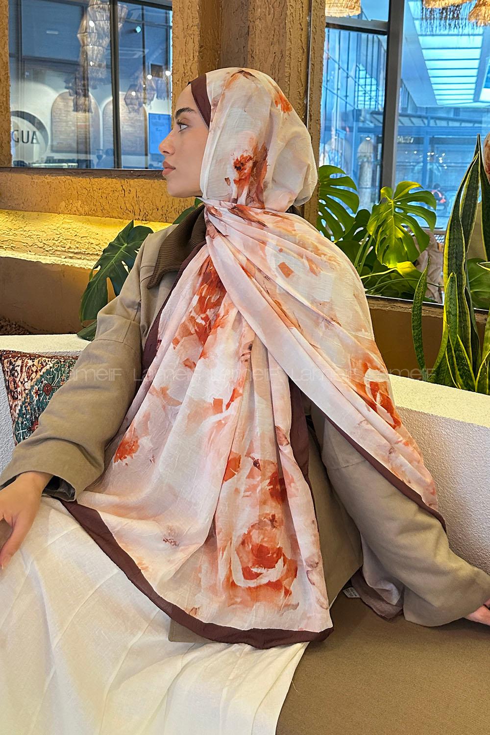 Lamelif Gül Desen Bambu Şal Kahverengi