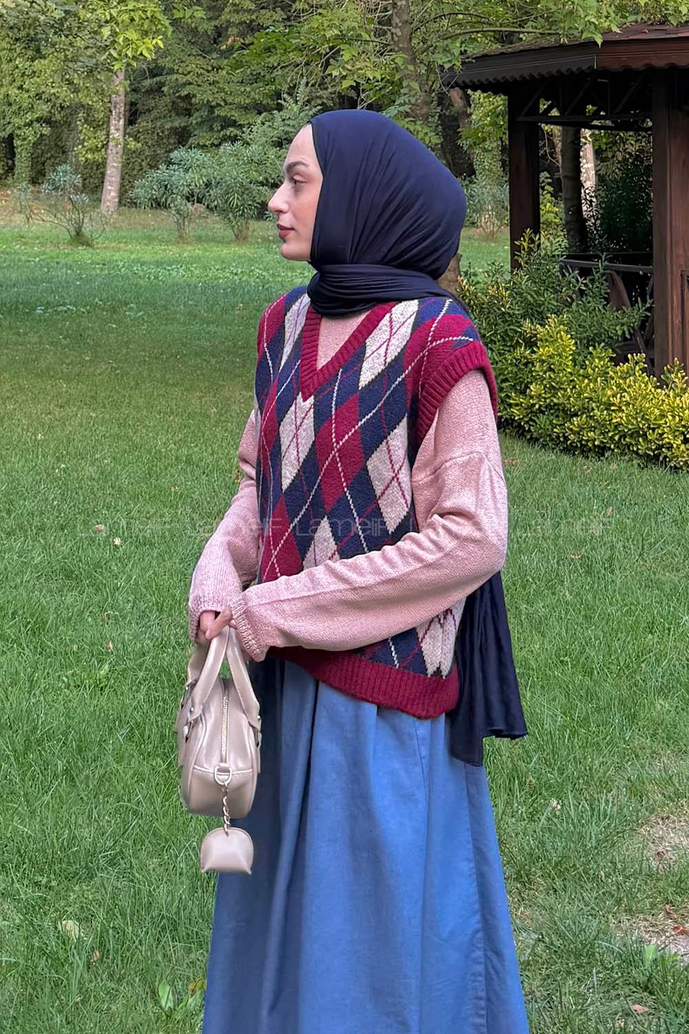 Lamelif Baklava Desenli Süveter Bordo