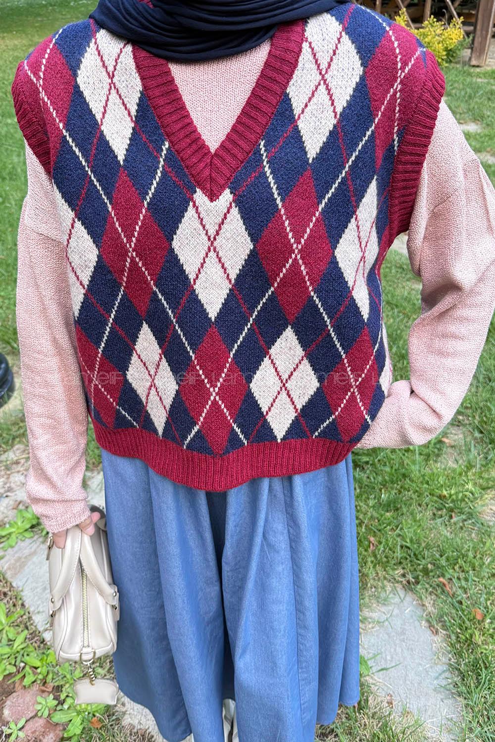 Lamelif Baklava Desenli Süveter Bordo