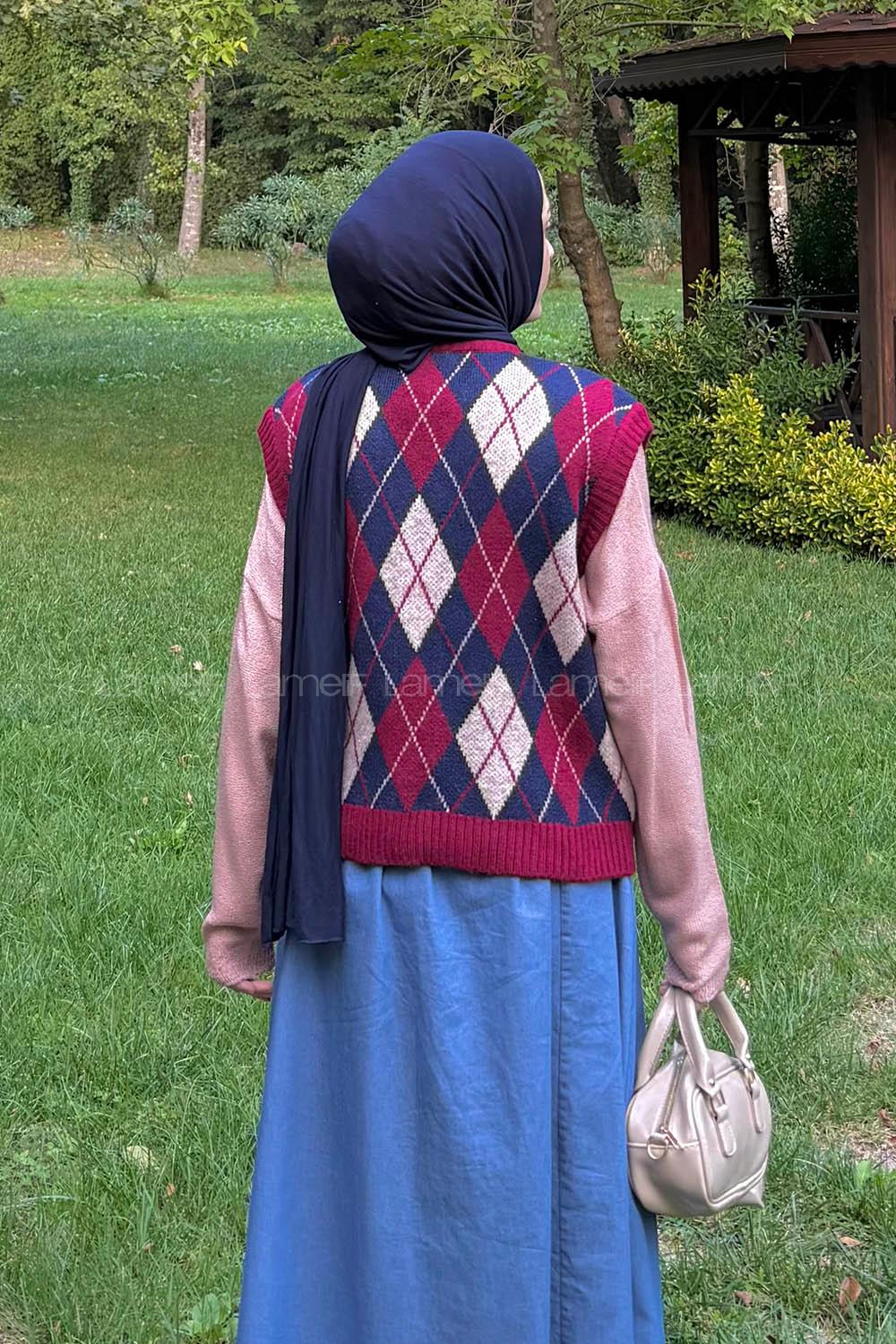 Lamelif Baklava Desenli Süveter Bordo