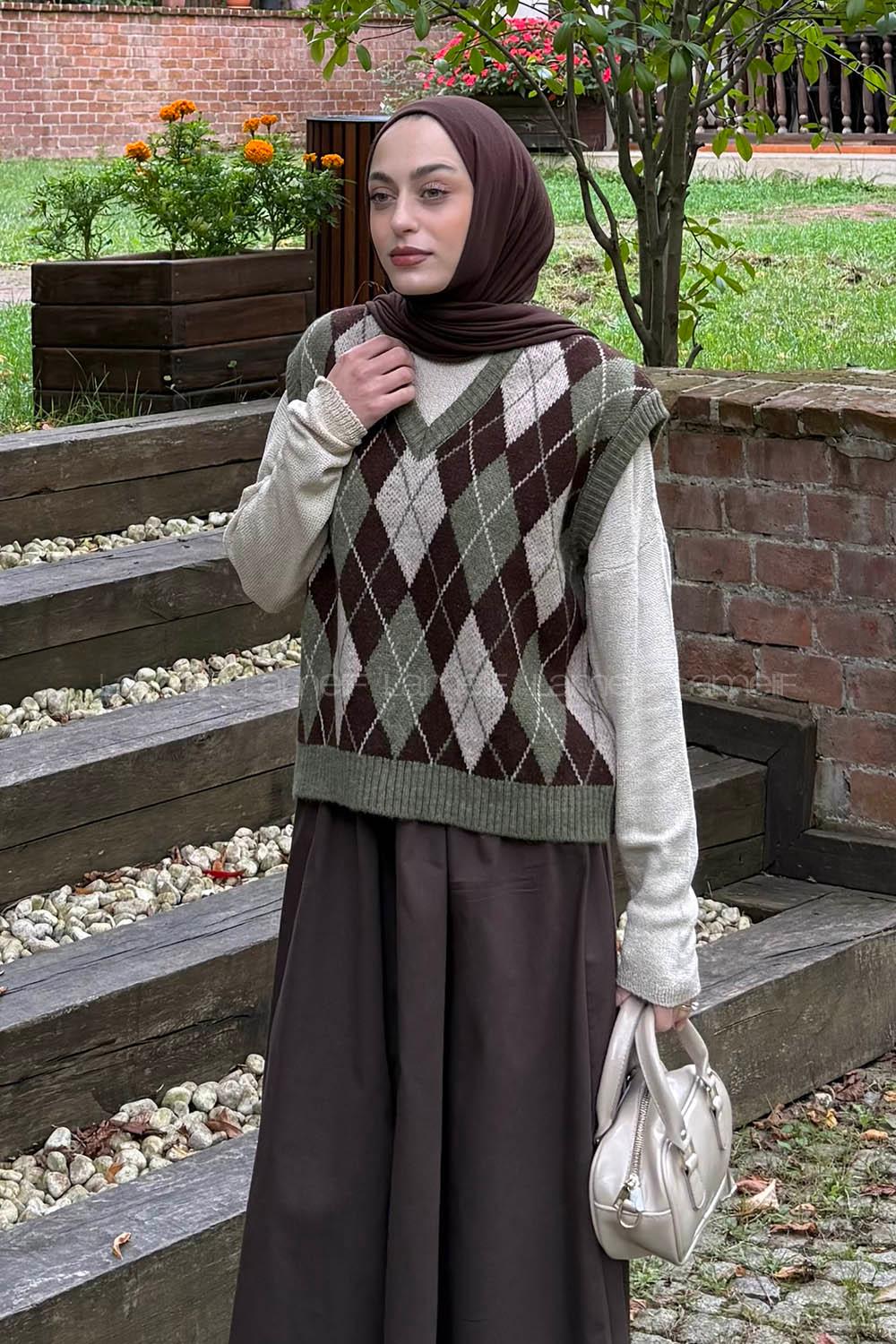 Lamelif Baklava Desenli Süveter Haki