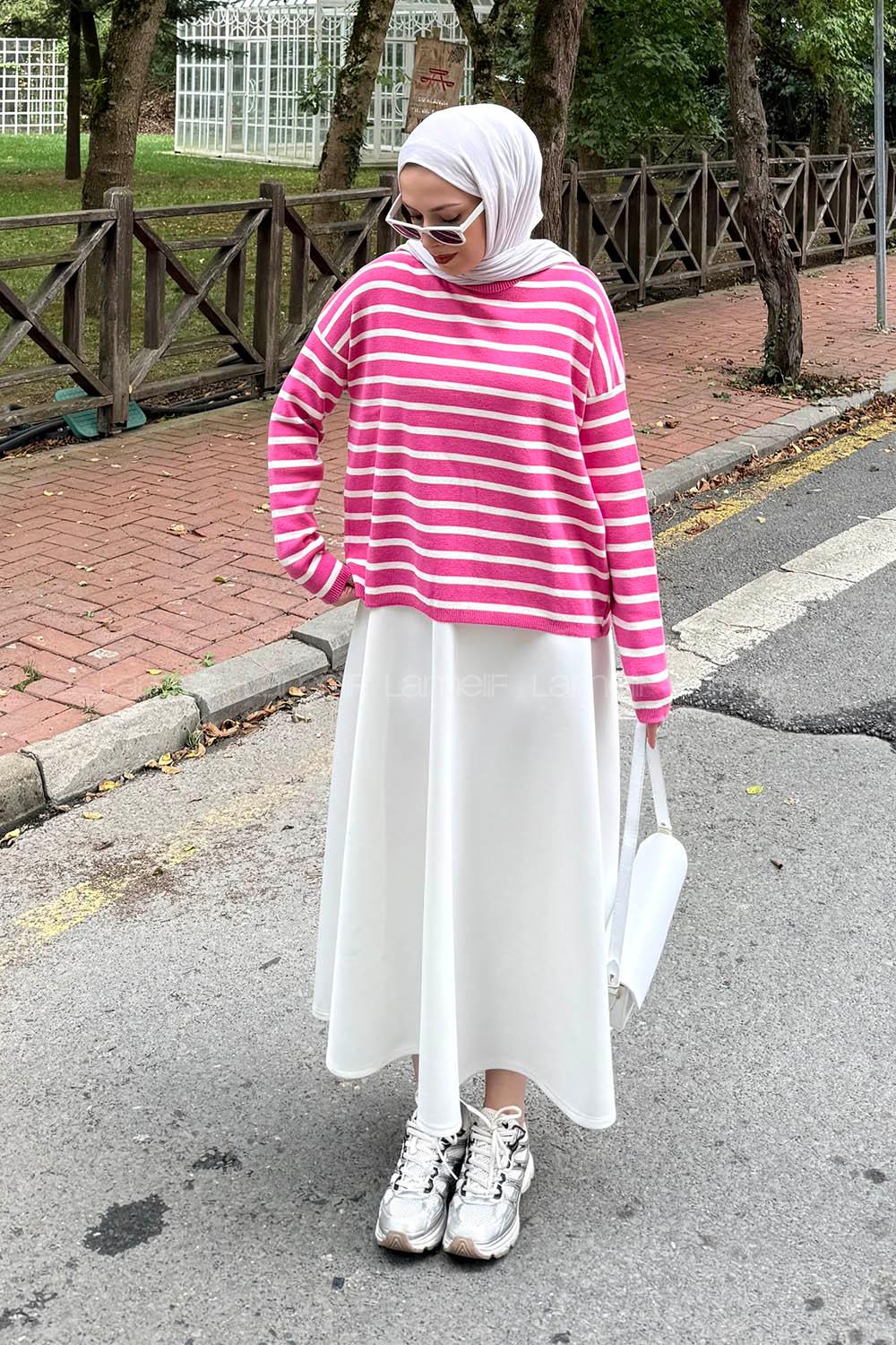 Lamelif Çizgili BalIkçı Kazak Fuşya