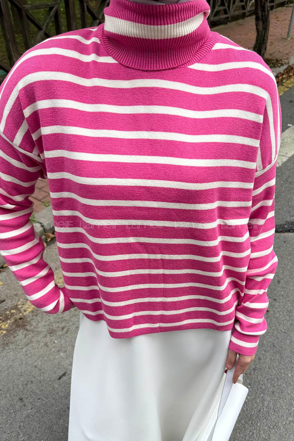 Lamelif Çizgili BalIkçı Kazak Fuşya