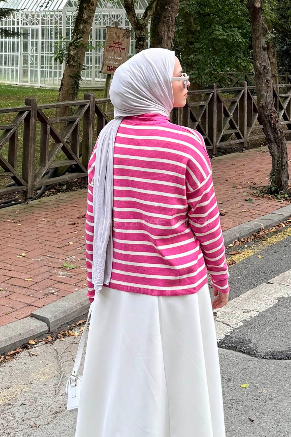 Lamelif Çizgili BalIkçı Kazak Fuşya