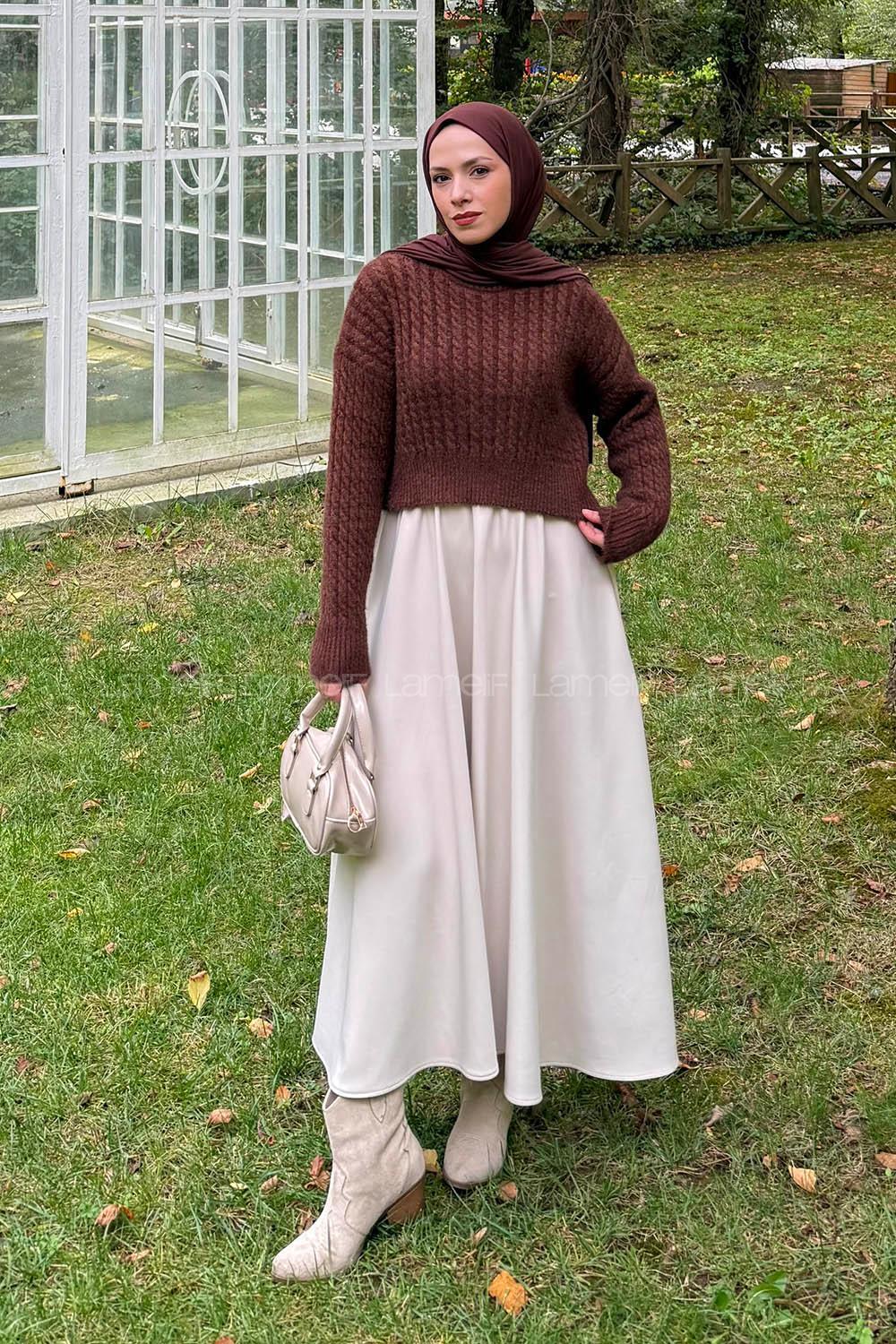 Lamelif Crop Triko Kazak Acı Kahve