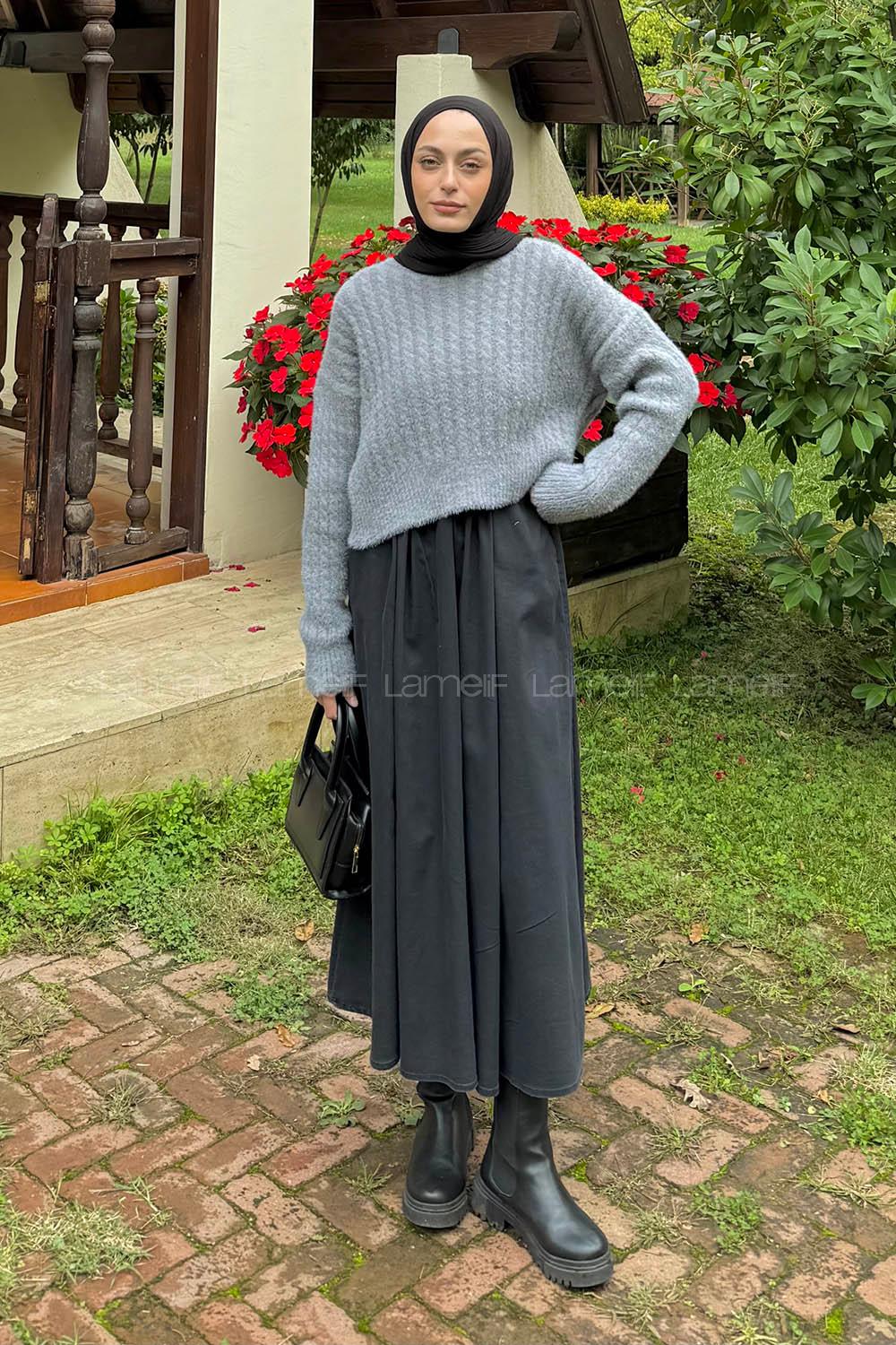 Lamelif Crop Triko Kazak Gri