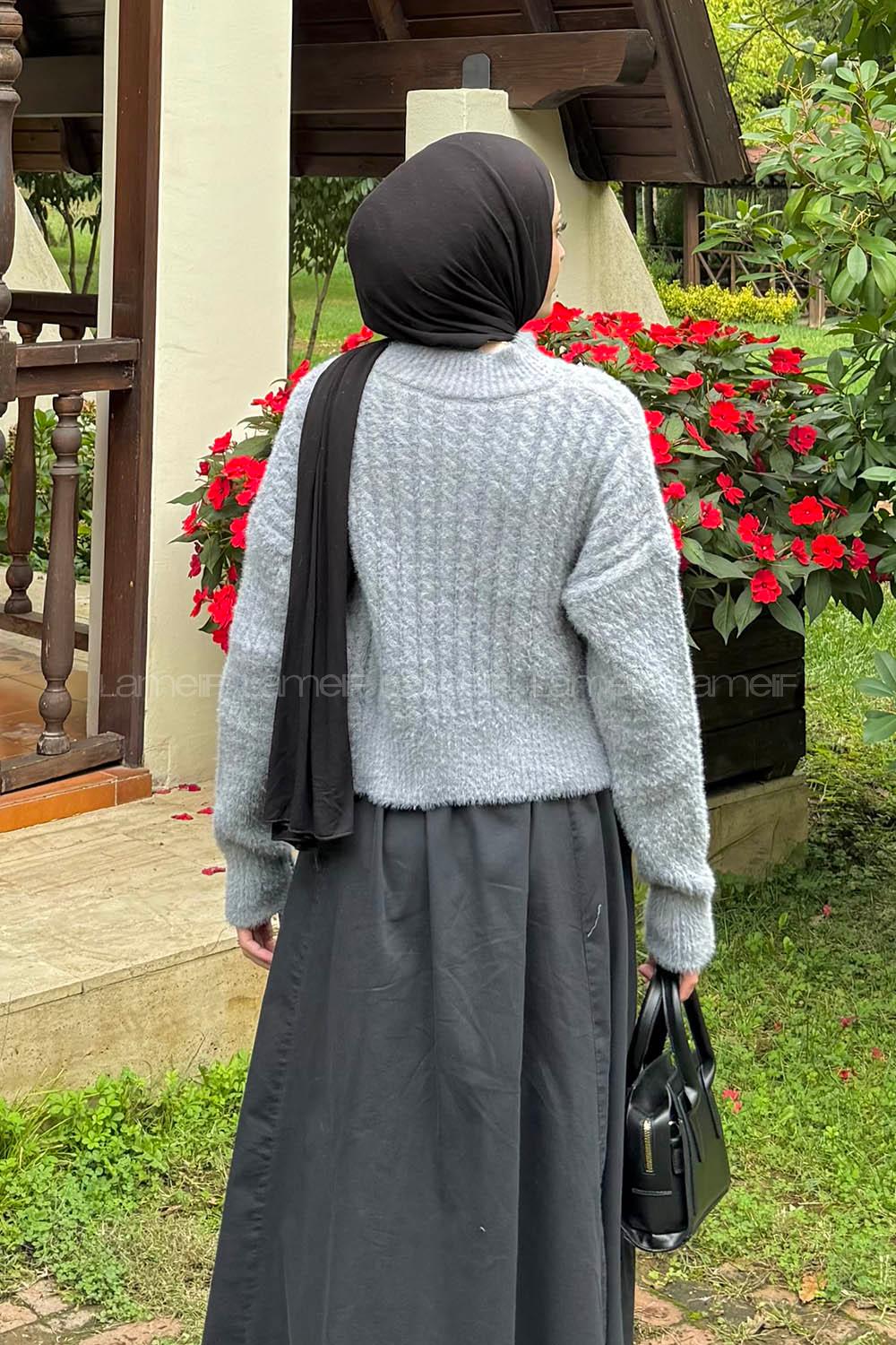 Lamelif Crop Triko Kazak Gri