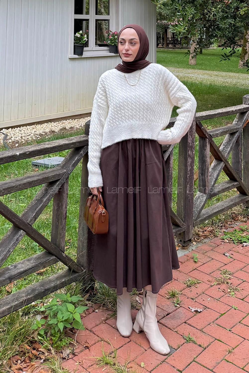 Lamelif Crop Triko Kazak Kemik Rengi