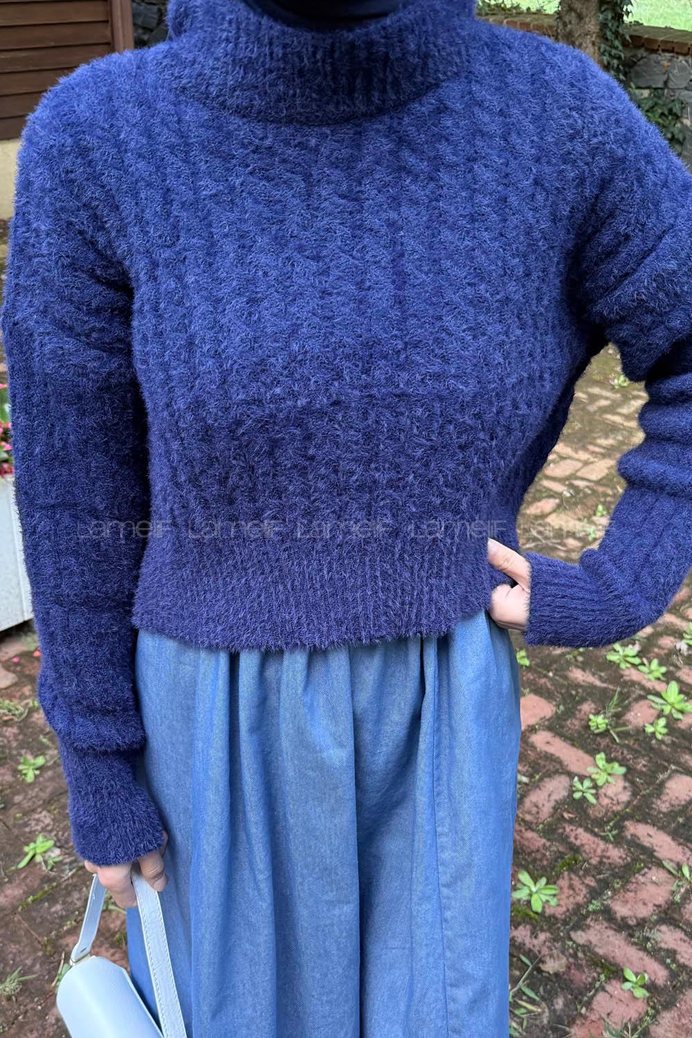 Lamelif Crop Triko Kazak Lacivert