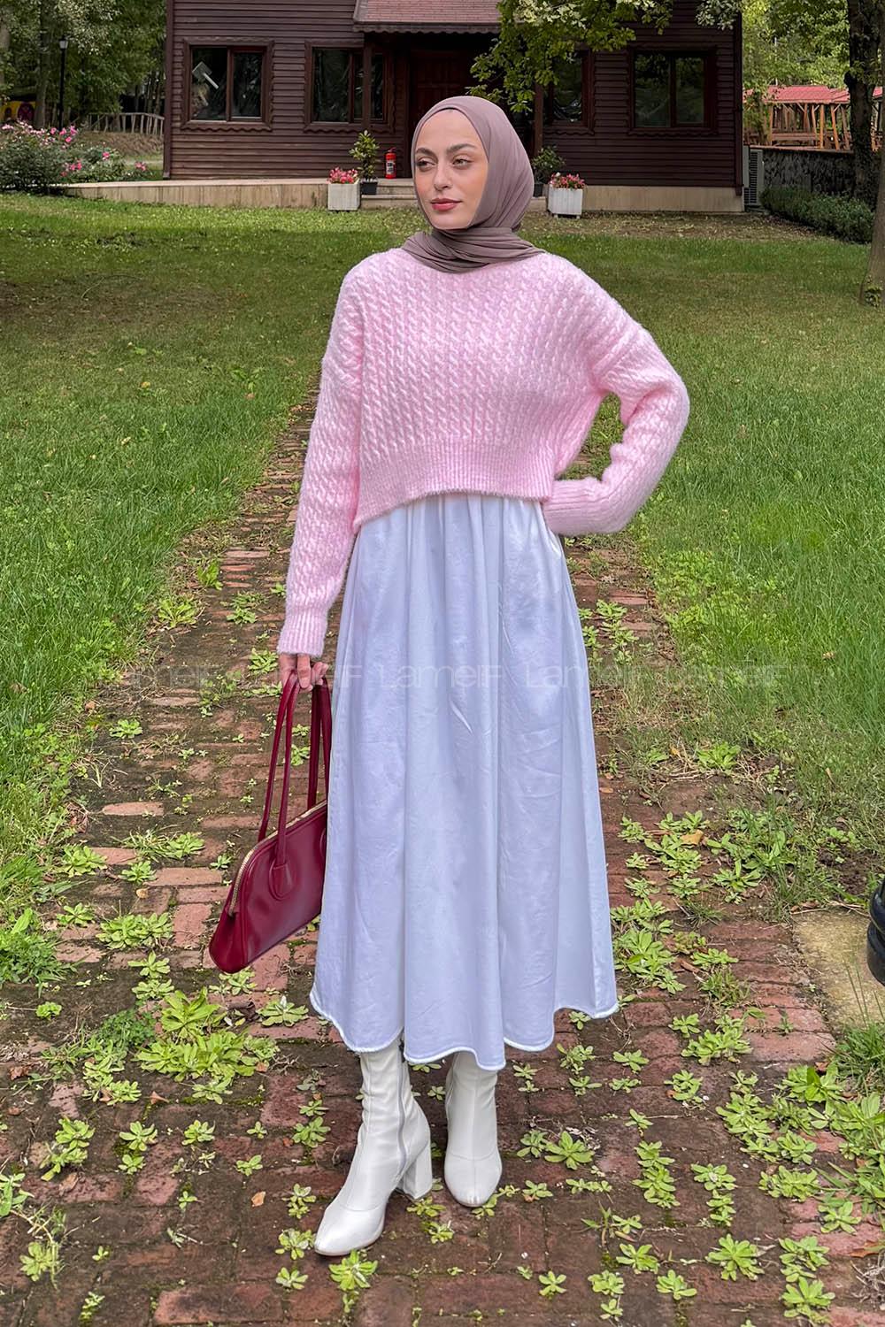 Lamelif Crop Triko Kazak Pudra Rengi