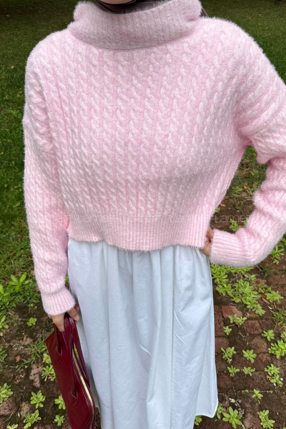 Lamelif Crop Triko Kazak Pudra Rengi