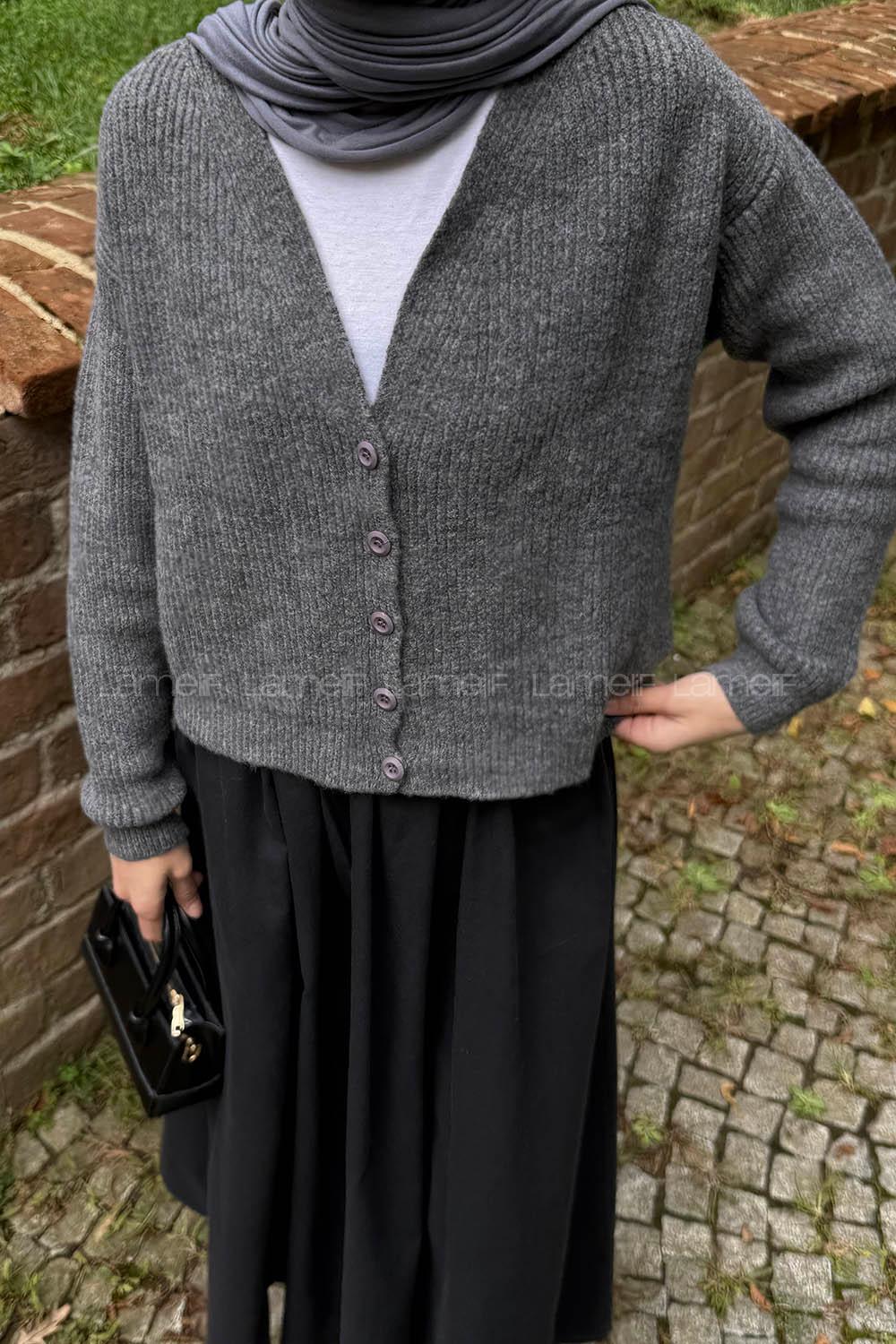 Lamelif Crop V Yaka Hırka Antrasit