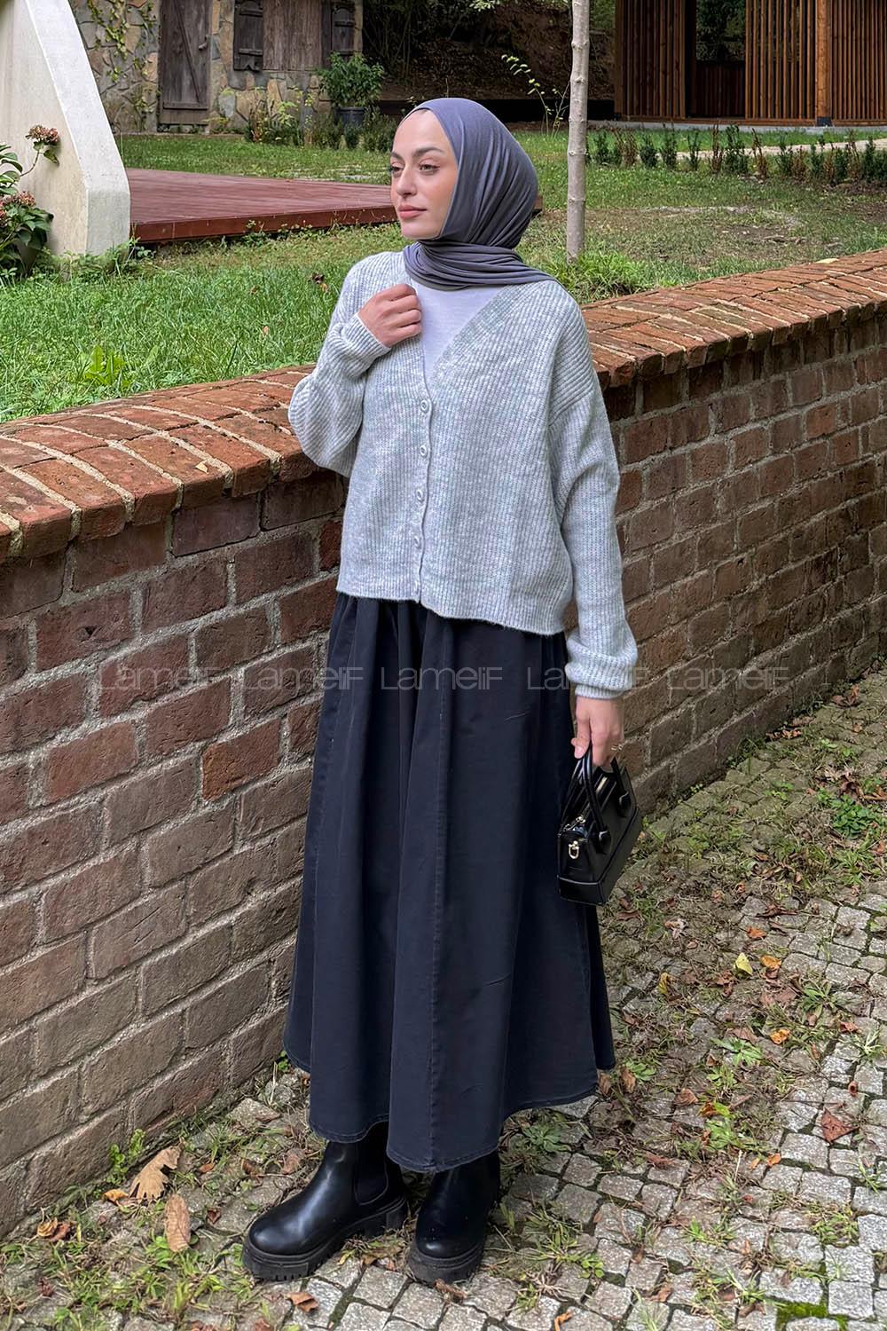 Lamelif Crop V Yaka Hırka Gri