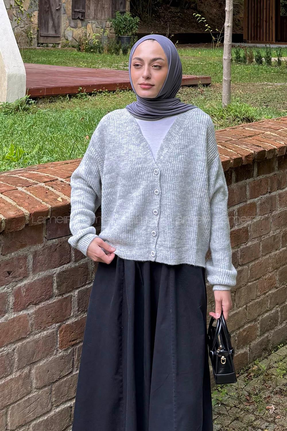 Lamelif Crop V Yaka Hırka Gri