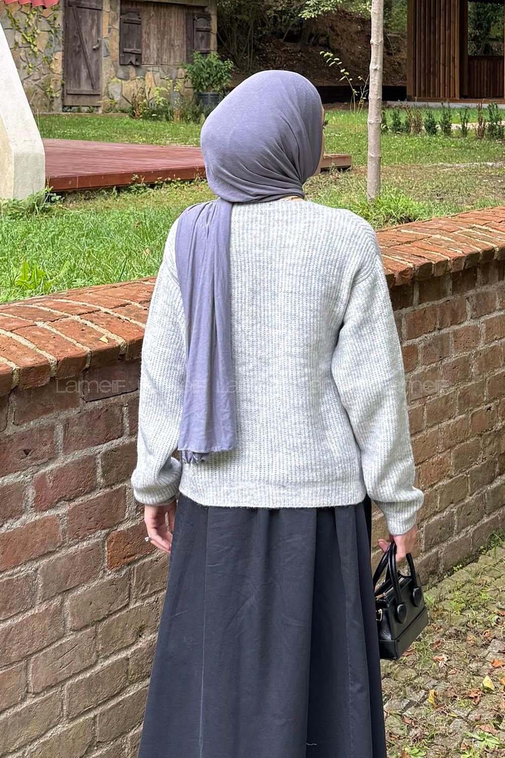 Lamelif Crop V Yaka Hırka Gri